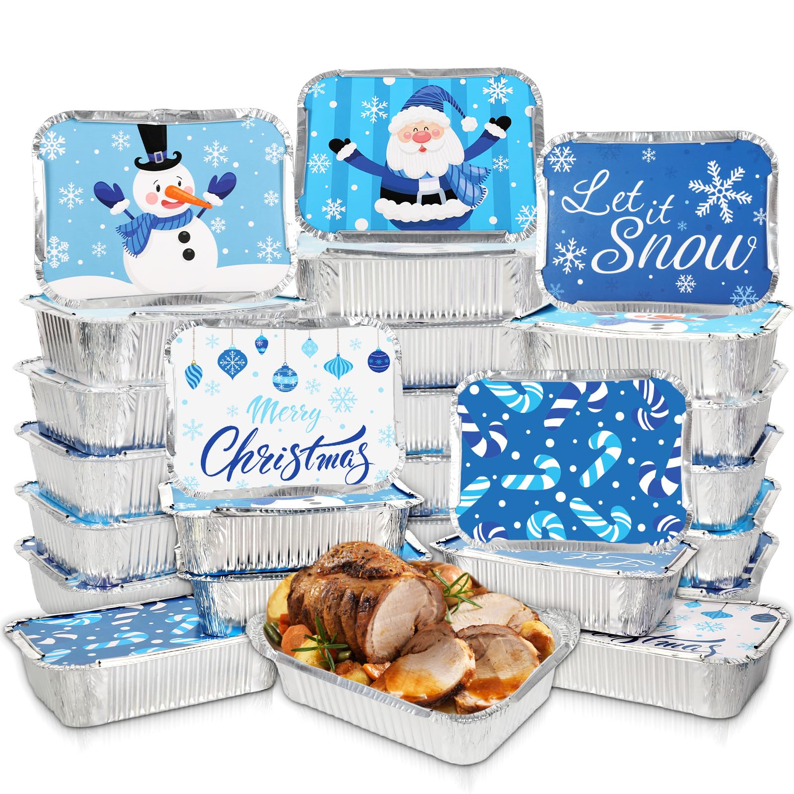 Bandejas de aluminio navideñas azul y blanco recipientes para alimentos con Papá Noel