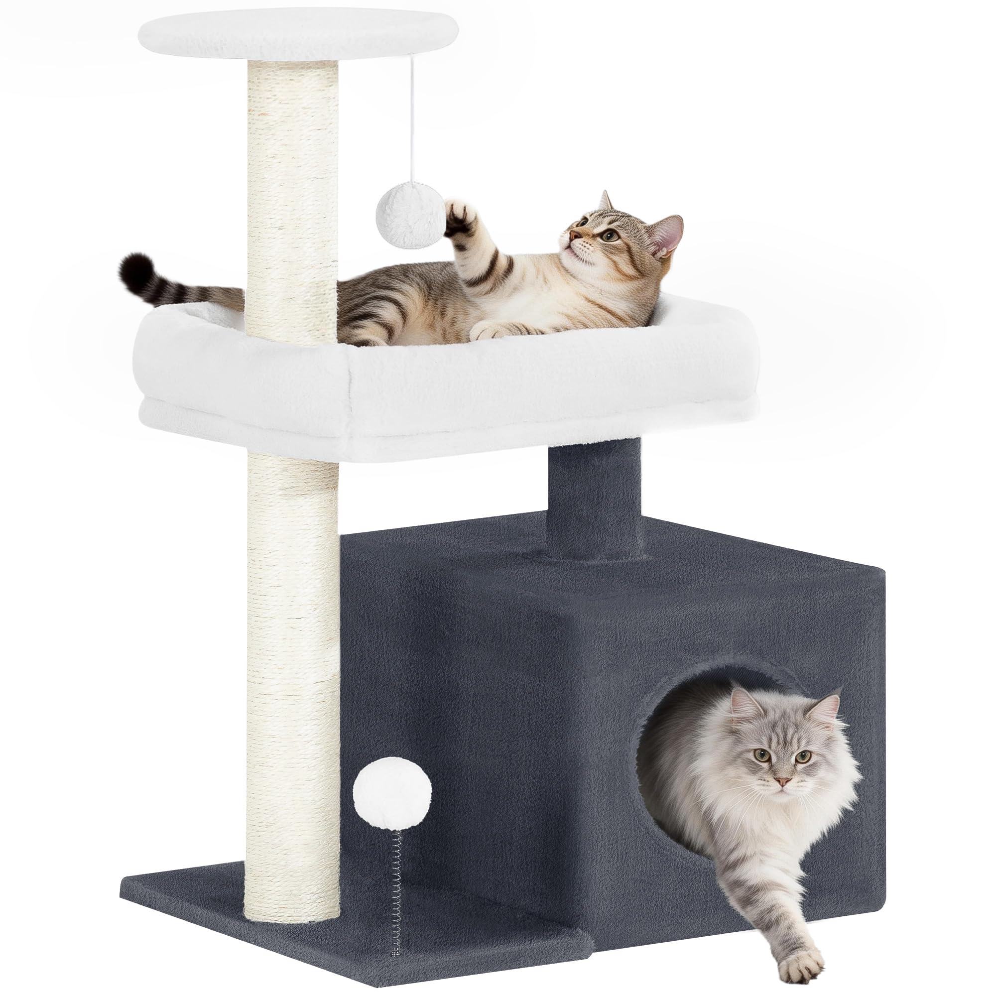 Fobyfurny Cat Tree Tower, 75cm Cat Tree for Indoor Cats, Multi-Level Tower with 2 Sisal Scratching Posts, Comfy Condo, Resting Platform, Top Viewing Perch, Pompoms, Dark Grey & White FPMS009FG2