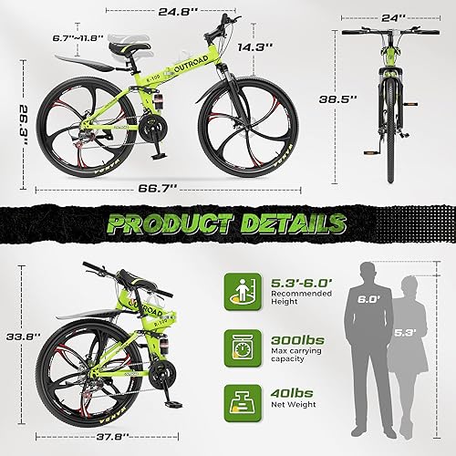 Miniatura 7 de Outroad - Bicicleta de montaña plegable de 26 pulgadas, suspensión completa de 21 velocidades de acero de alto carbono, bicicleta plegable MTB,