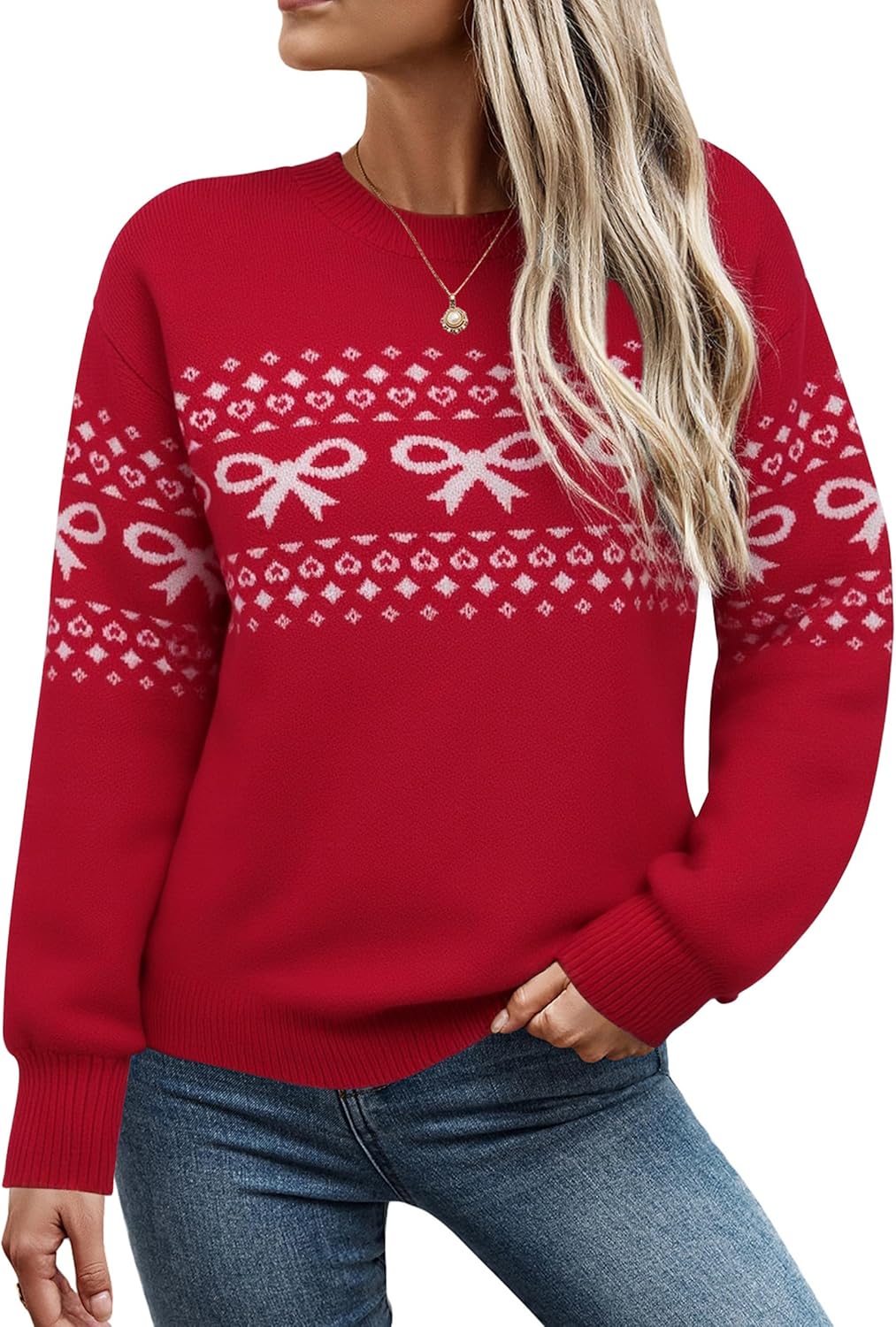 ECOWISH Bow Sweater Women Valentine Casual Long Sleeve Knit Tops Crew Neck Jumper Pullover Oversized Outfit Fall Winter