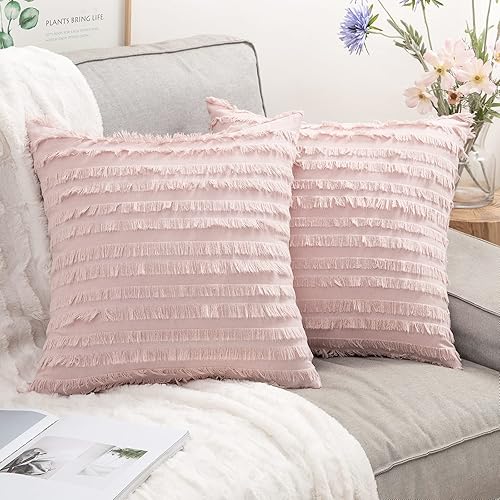 MIULEE Set of 2 Decorative Boho Throw Pillow Covers Linen Striped Jacquard Pattern Cushion Covers for Sofa Couch Living Room Bedroom 24x24 Inch Heather Pink