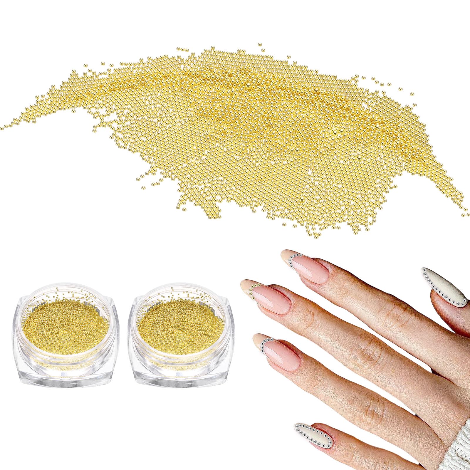 Generic 2pcs Nail Art Beads 0.02" (0.4mm) Mini Metal 3D Caviar Nails Beads Ball Bubble Bead with Storage Box for Nail Art DIY Craft Decoration, Gold
