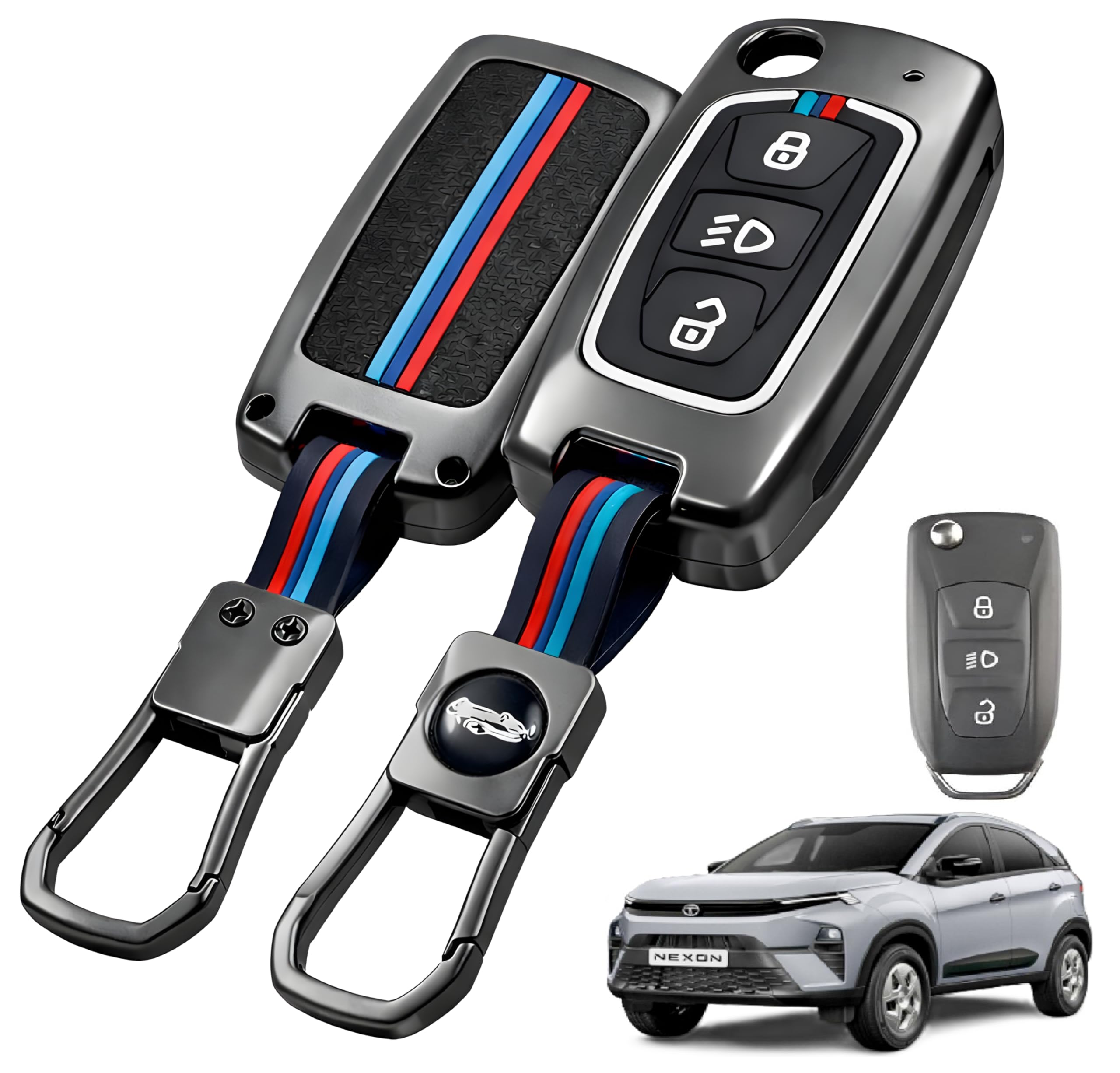 Nexon Car Key Cover | Tata Nexon 3 Button Flip Key Case | Luxury Metal & Silicon Protector Accessories-image-29