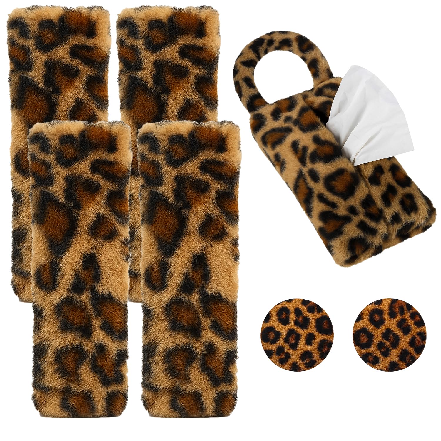Galatee 4 Pack Cheetah Print Seat Belt Covers, Plush Seatbelt Pads with Tissue Box Cover and Car Coasters, Cute Leopard Print Car Accessories Set (
