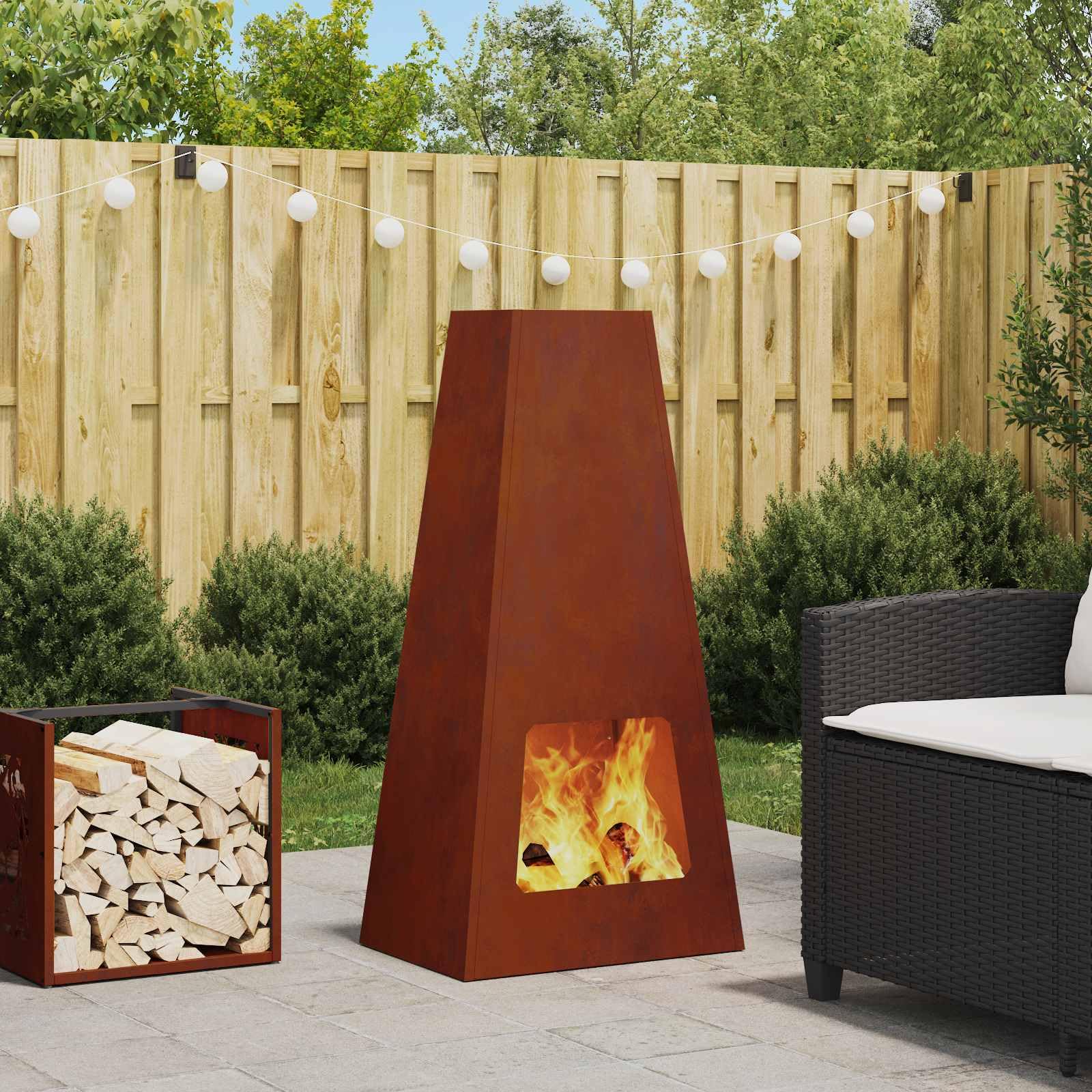 Feuerstelle Braun aus Wetterfeststahl 50 x 35 x 100 cm, kamin ofen feuerstelle schornstein optik für terrasse garten haus, outdoor wärme und deko