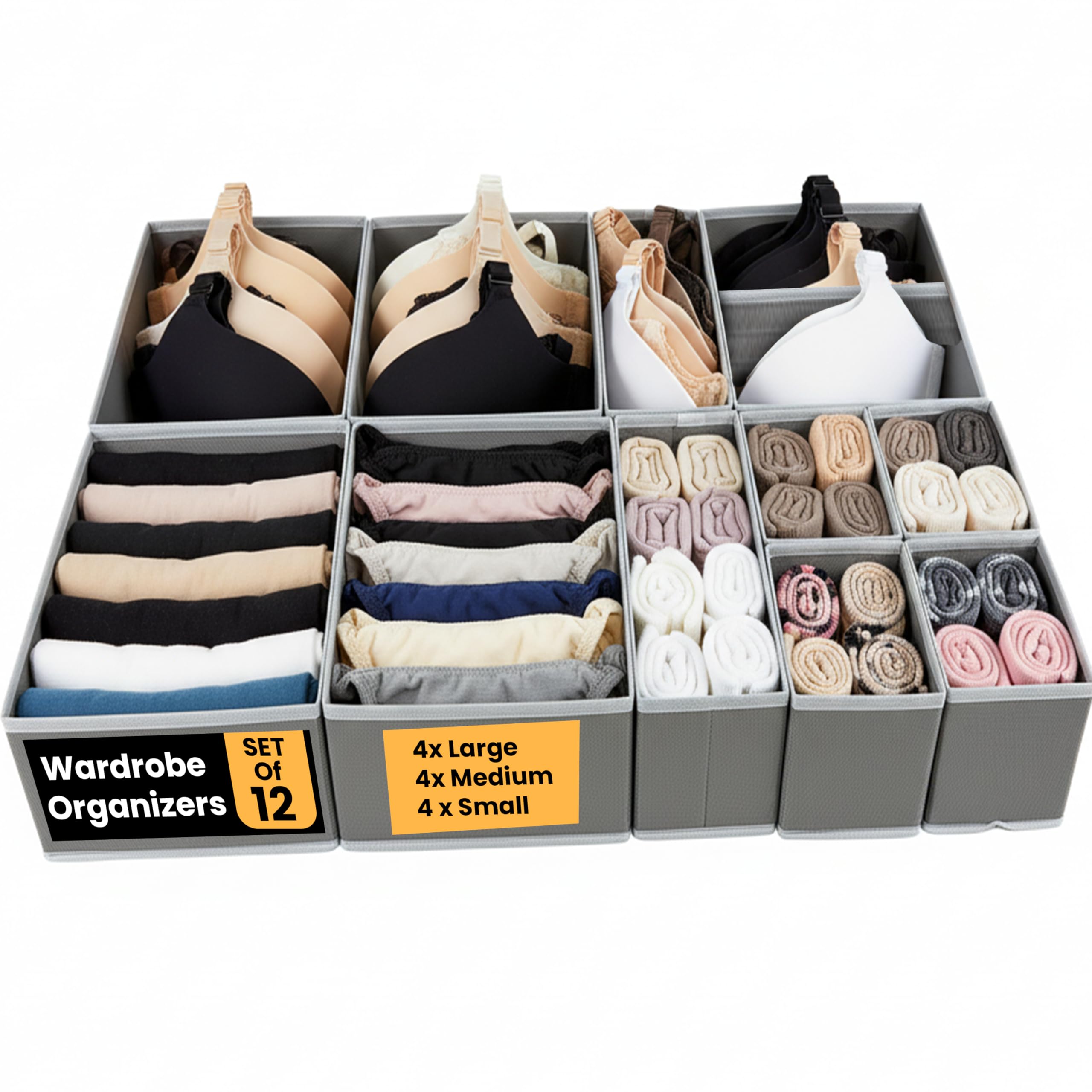 Lkh Home Collection Grey Lkh Clothes Drawer Organiser Set Of 6 & 12 – Foldable Wardrobe Organizers Boxes For Clothes, Underwear, Bras & Accessories – Non-Woven, Dust-Resistant & Breathable Drawers Dividers For Wardrobe