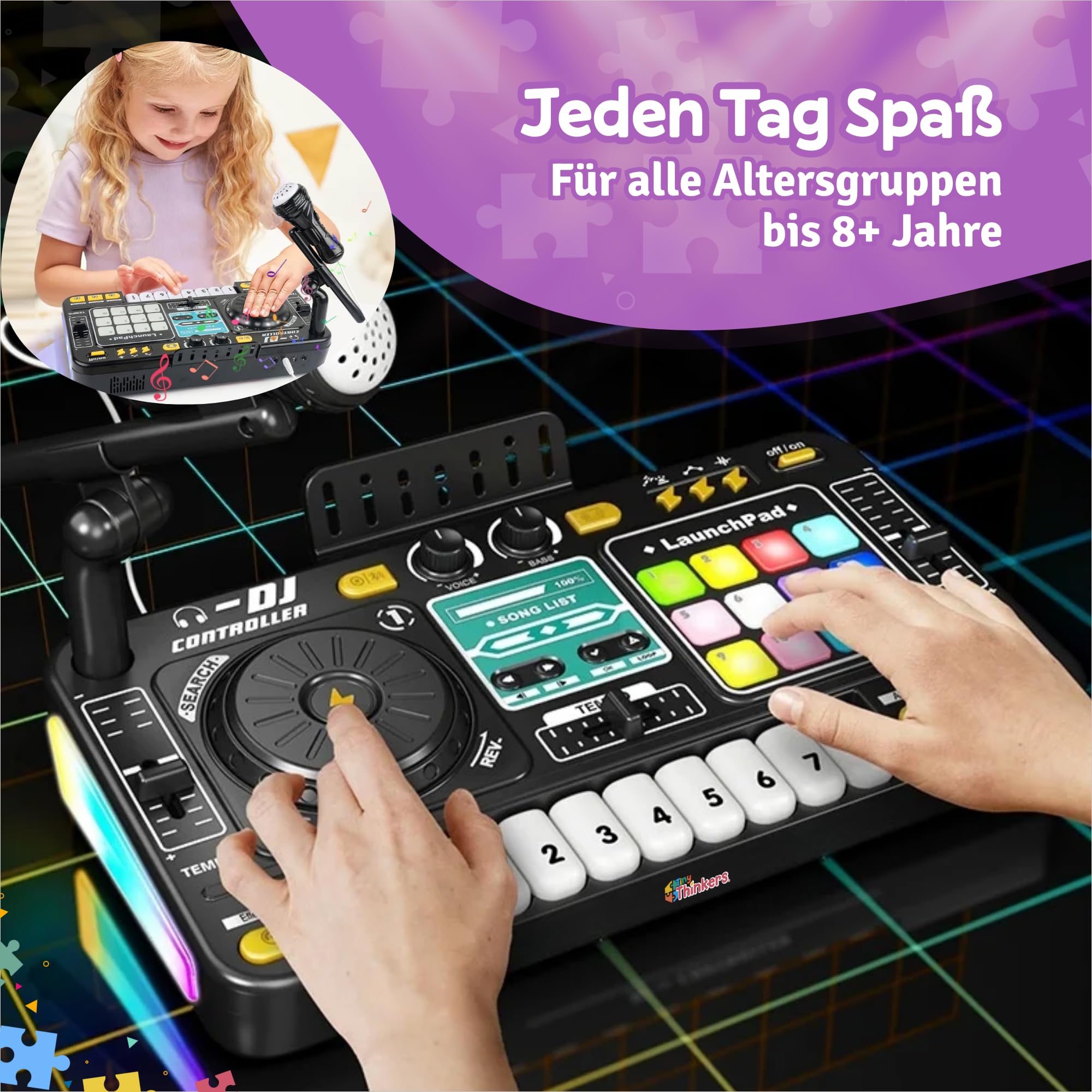 DJ Set für Kinder mit Mischpult & Mikrofon, DJ Pult für Anfänger mit Lichtshow, Bluetooth Verbindung & Touchpads, Wiederaufladbares DJ Mischpult Kinder Spielzeug für Musik & Kreatives Spielen
