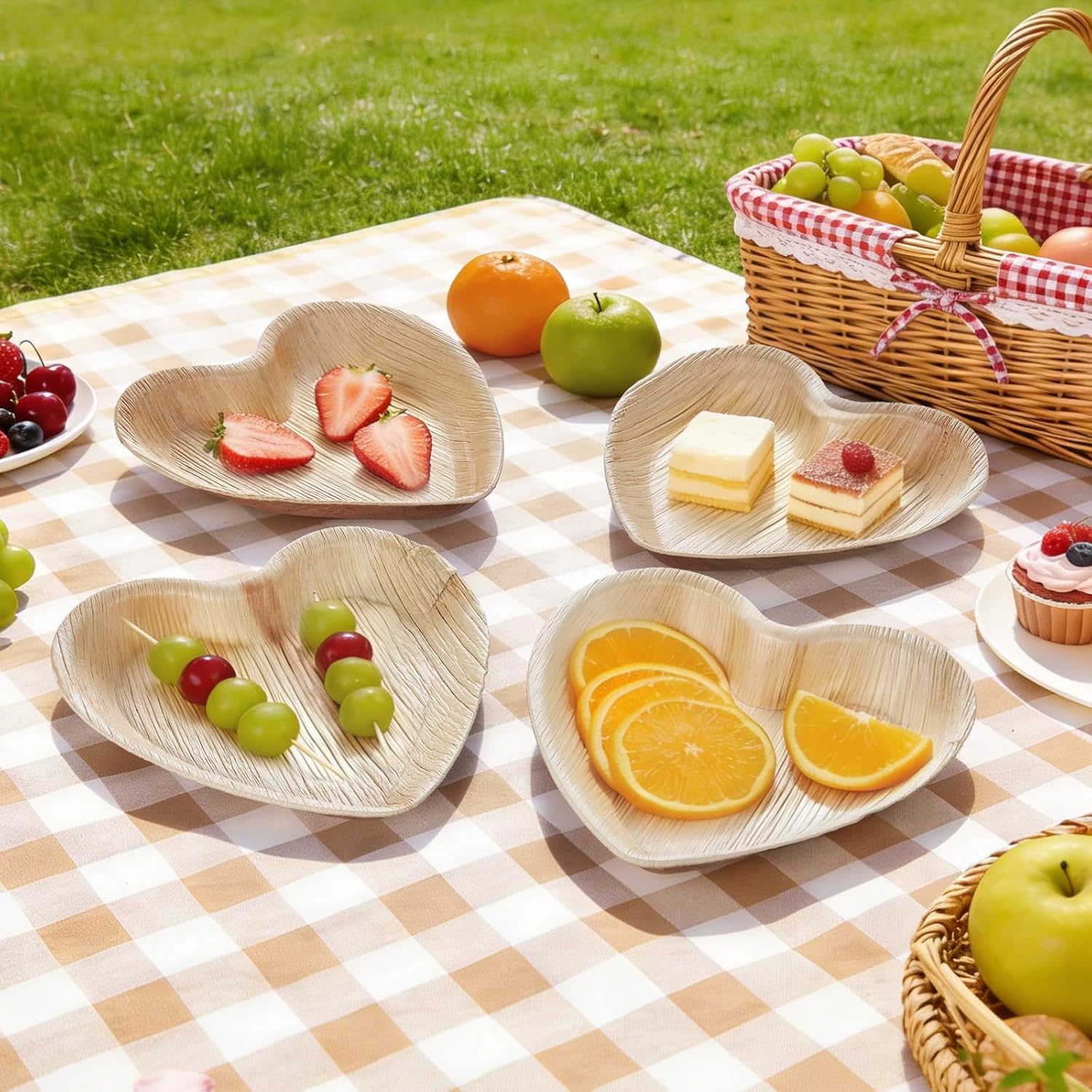 7-inch & 10-inch Disposable Palm Leaf Bundled Plates [50Pack] Premium food-grade durable compostable plates, ideal for lunch, dinner, weddings, parties, camping, and catering events [Heart-Shaped ]