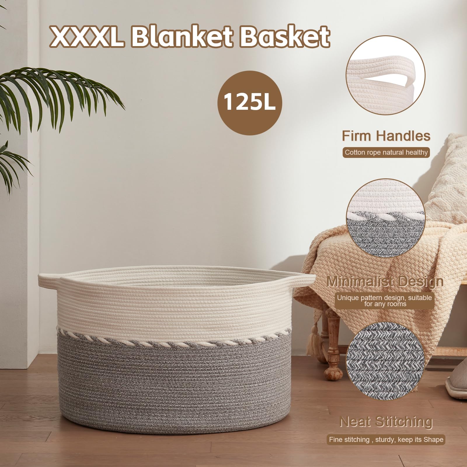 OIAHOMY Extra großer Korb für Decken, 63,5 x 40,6 cm, Jumbo-Wäschekorb, Baumwollseilkorb mit Griffen für Wohnzimmer, Baby-Spielzeugkorb zur Aufbewahrung, Grau