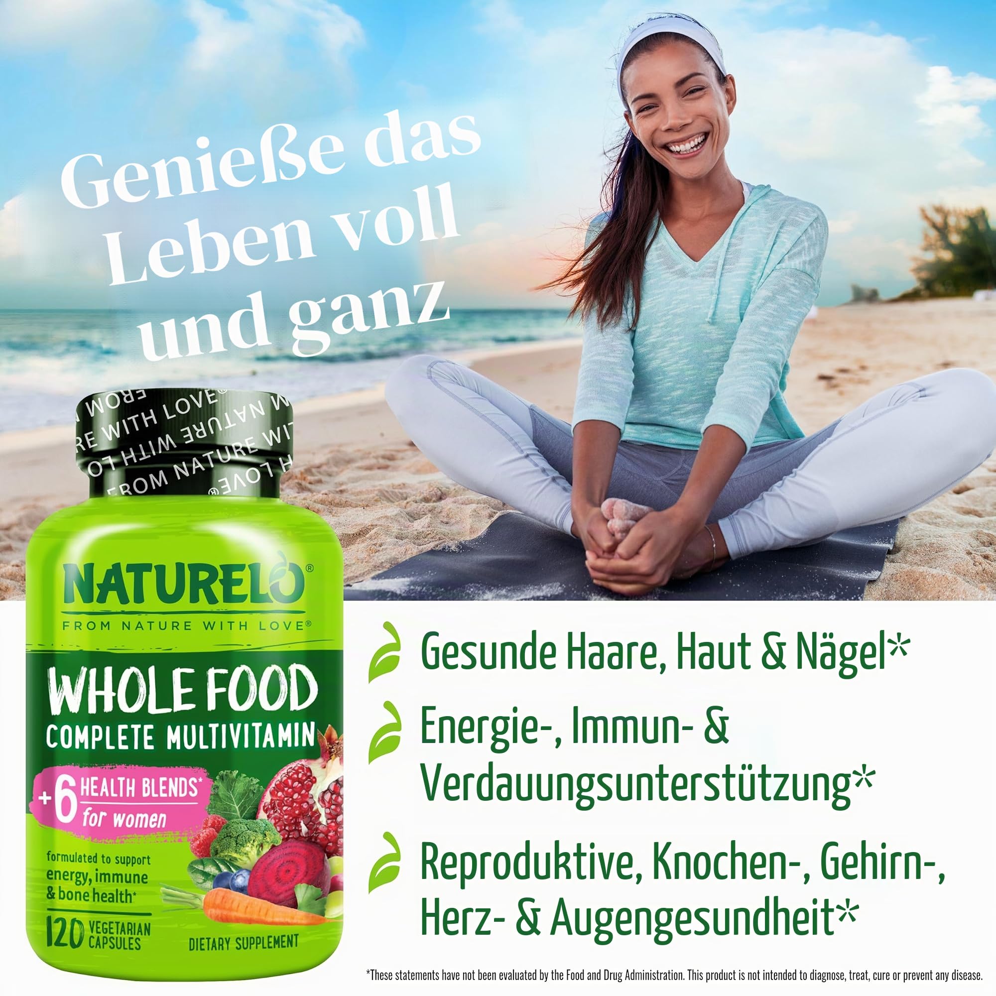 NATURELO Whole Food Multivitamin für Frauen - # 1 Nr - Natürliche Vitamine, Mineralstoffe, Roh organische Extrakte - beste Ergänzung für Energie und Herzgesundheit - Vegan - Non GMO -