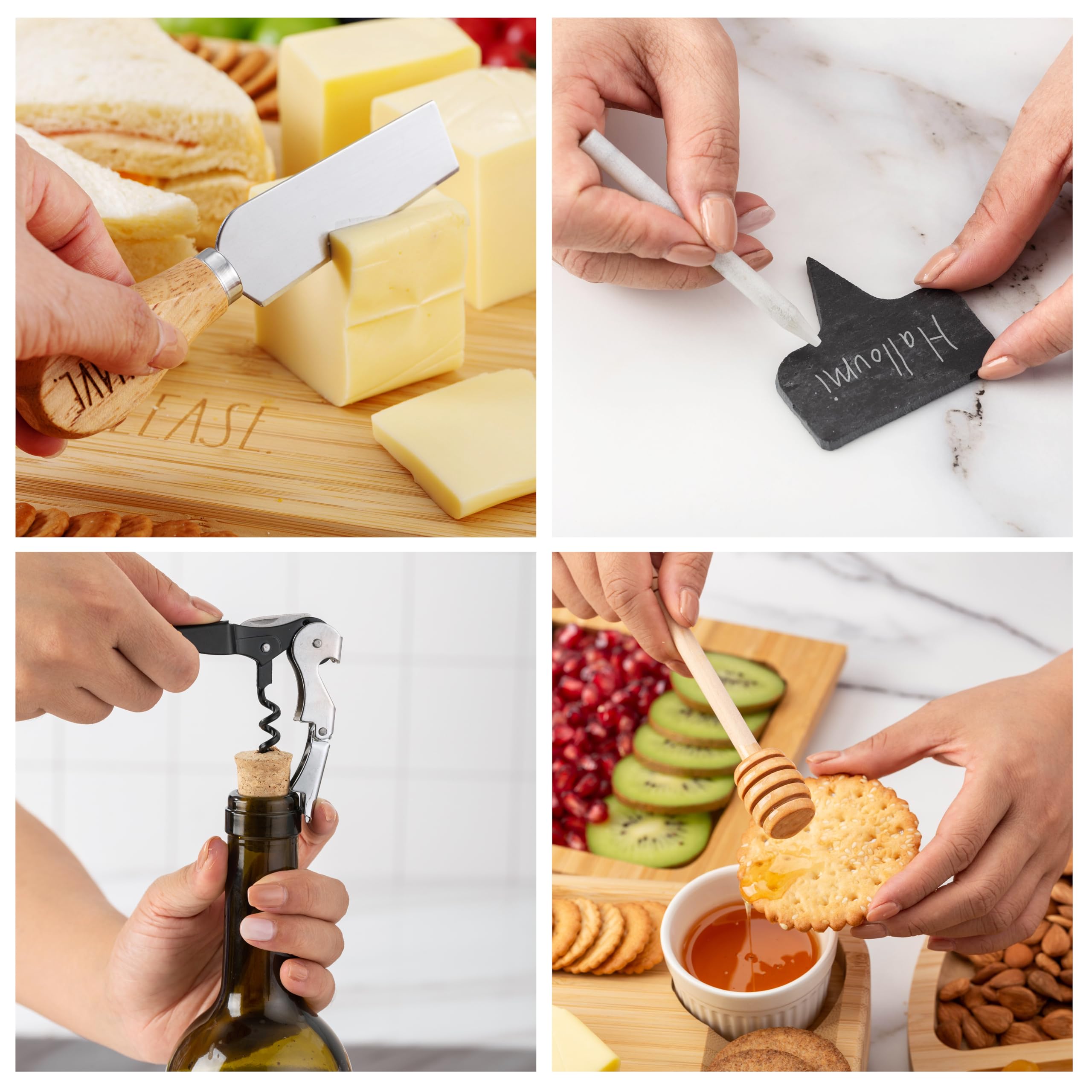 Rae Dunn Tabla de embutidos y accesorios, juego de tablas de charcutería grandes, juego de tablas de queso de bambú con tenedores y platos para servir, cuchillos de queso incluidos