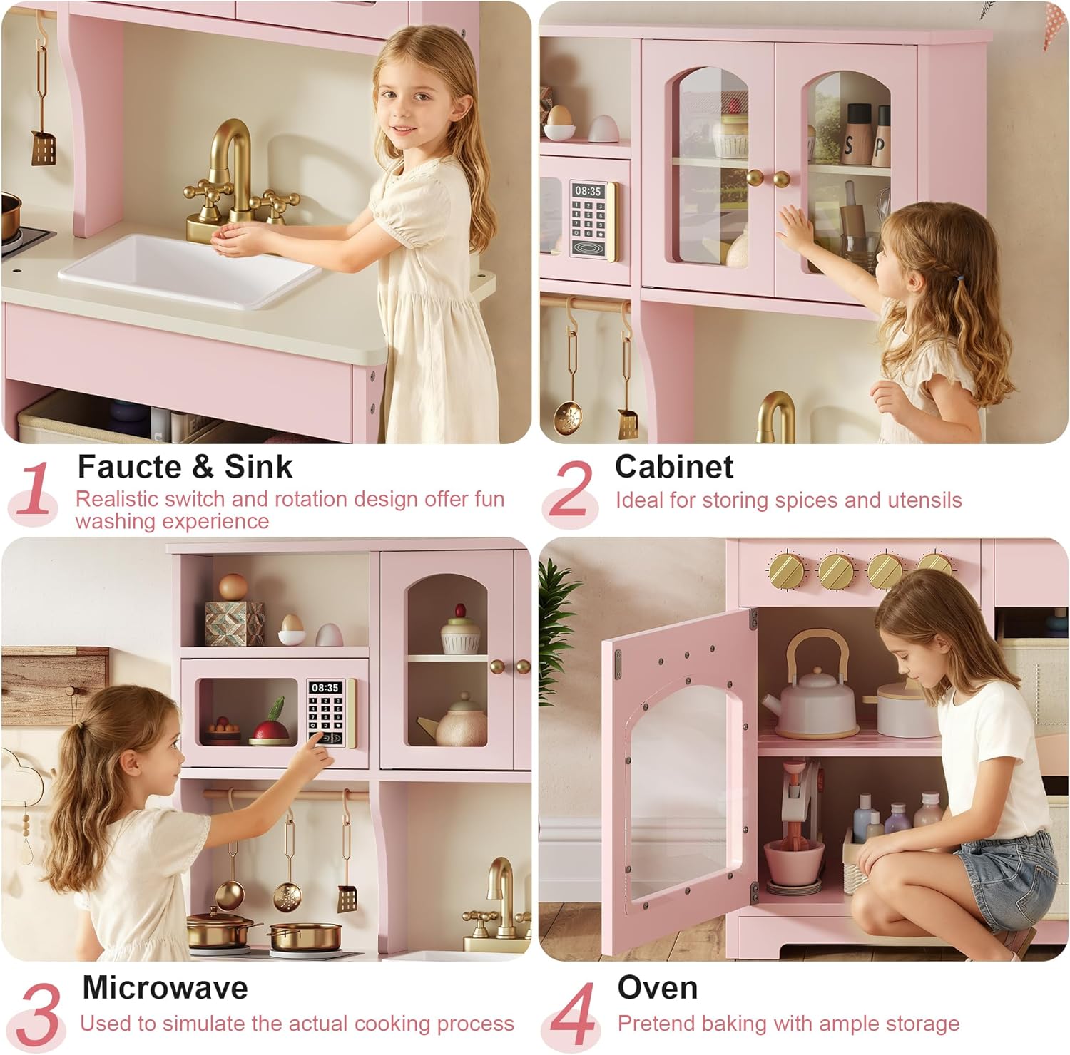 knoworld Play Kitchen for Kids, Wooden Toy Kitchen Set with Smart Storage & Accessories, Toddler Kitchen Playset with Stove & Oven, Pretend Play Set, Gift for Ages 3+, Pink