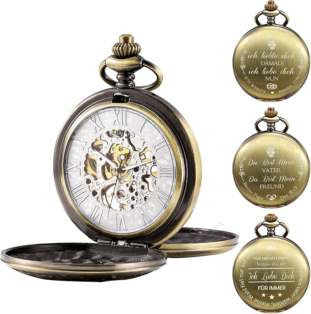 TREEWETO Men's Pocket Watch Personalised Engraved Pocket Watch with Chain Classic Vintage Mechanical Gifts Birthday Father's Day Gift Bronze, bronze