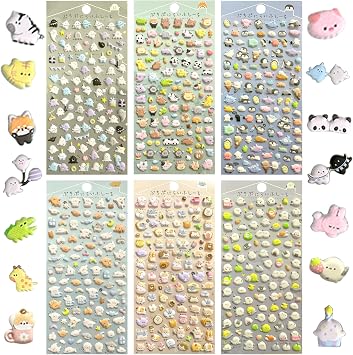 600+ Cute Mini Puffy Stickers for Children and Adults - 3D Tiny Animals, Cats, Penguins, Fruits, Bread, Etc. - 6 Sheets