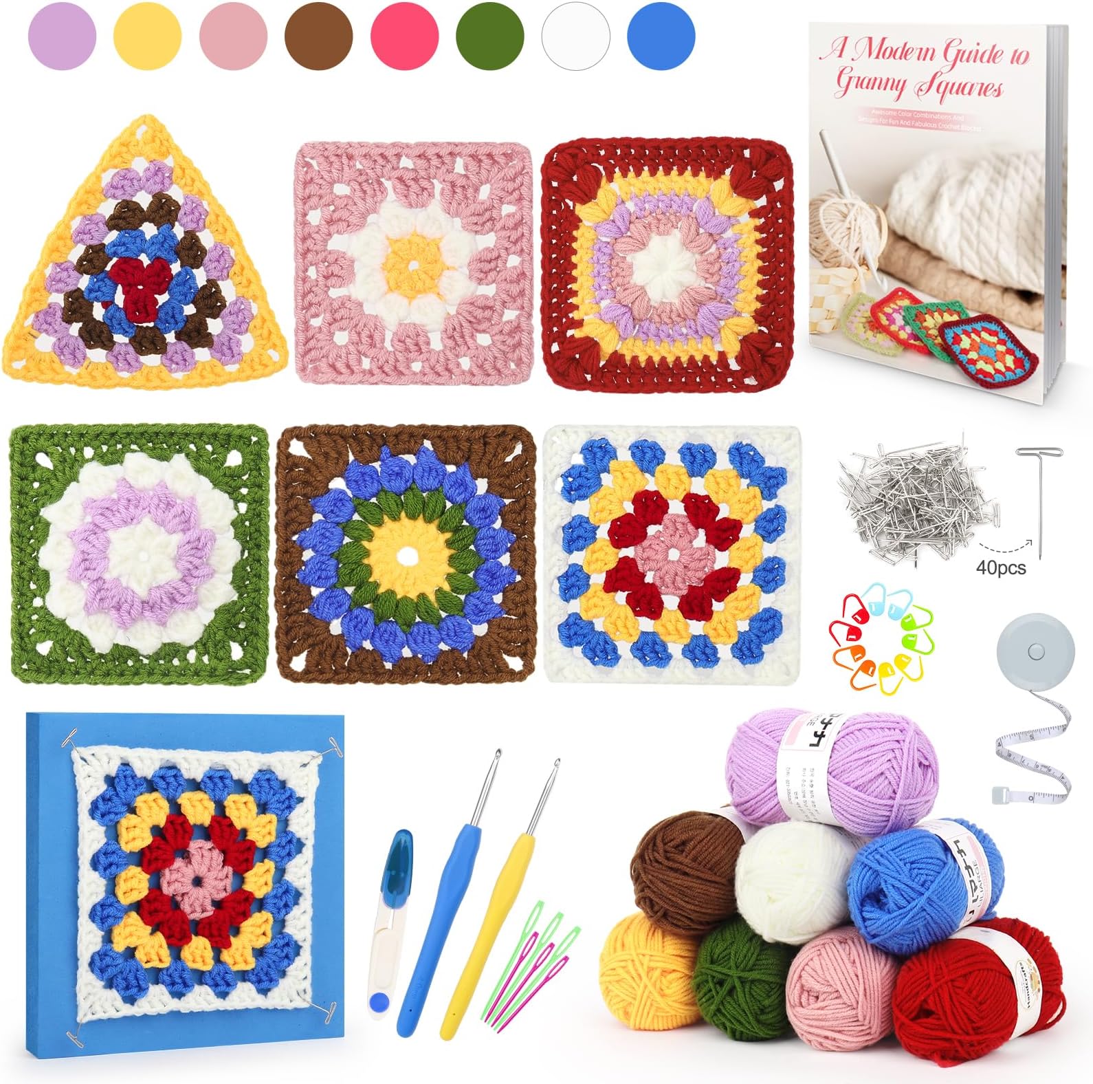 Katech Beginner Crochet Kit - Granny Squares, Includes Blocking Mat, Book & Starter Set for Kids & Adults