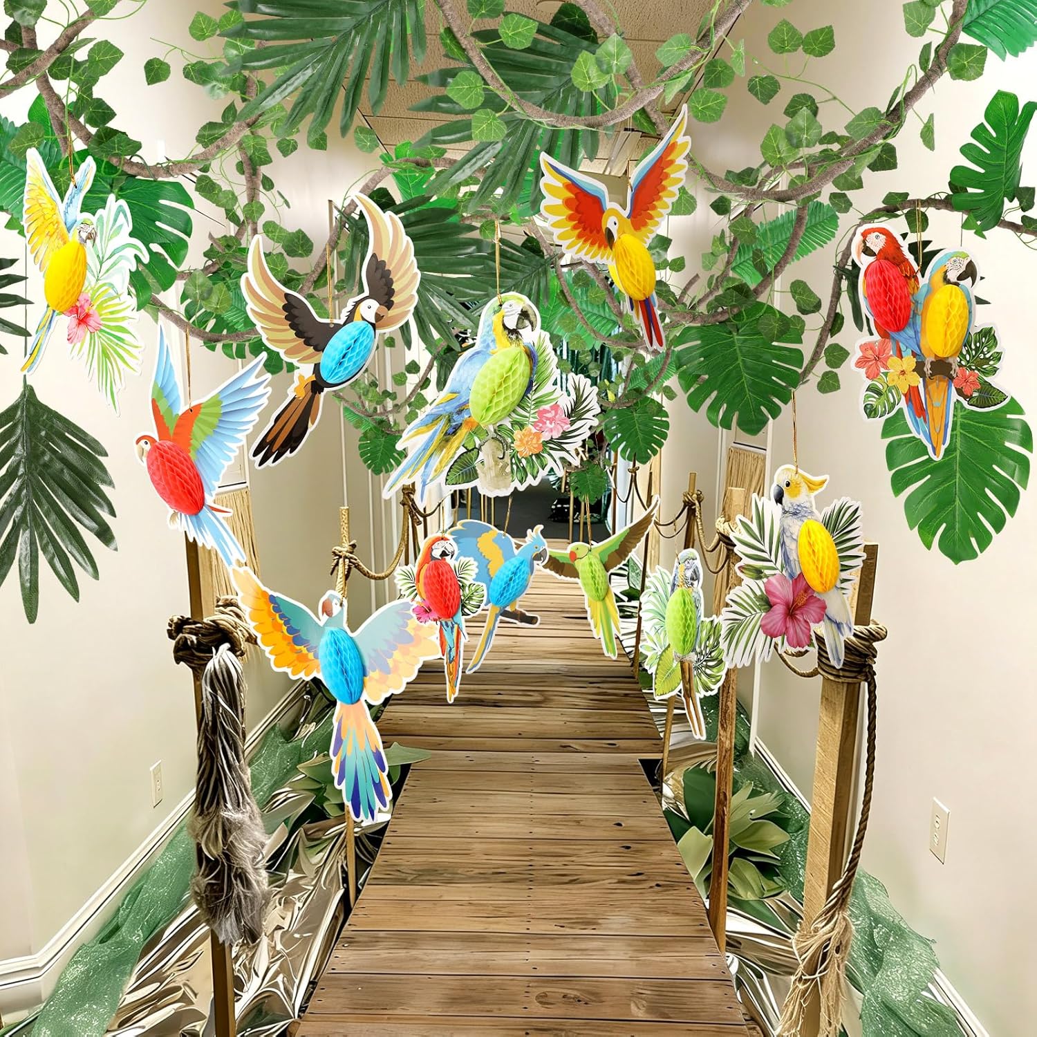 Bucherry 36 Pcs Rainforest Party Decoration Hanging Tropical Bird Parrot Honeycomb Paper Cutouts with Artificial Jungle Leaves Garland Decor for Hawaiian Rio Luau Tropical VBS Jungle Party Decoration