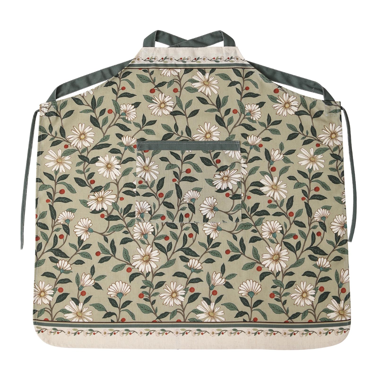 ISAENNE Floral Pattern Linen Apron with Pocket,Vintage Stylish Kitchen and Garden Aprons for Women and Men