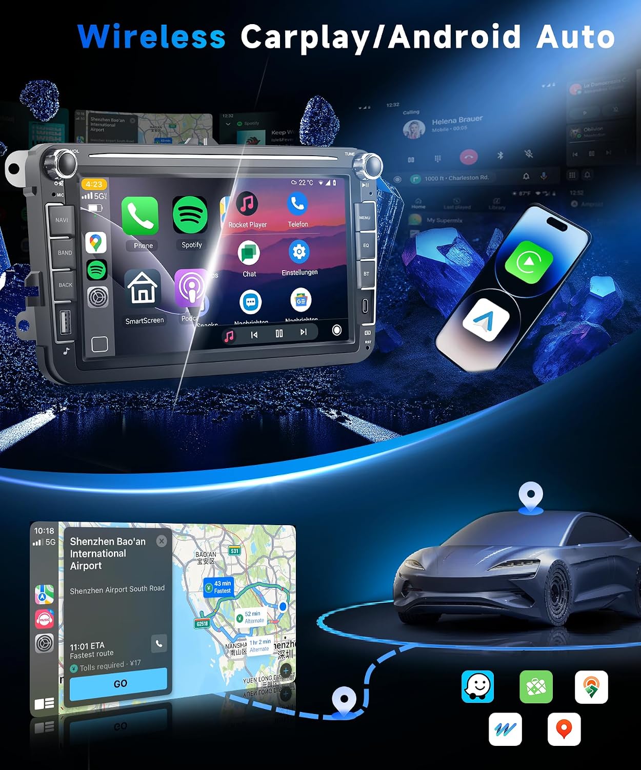 Image depicting the car stereo screen with Wireless Carplay and Android Auto interfaces, showing navigation and music apps.