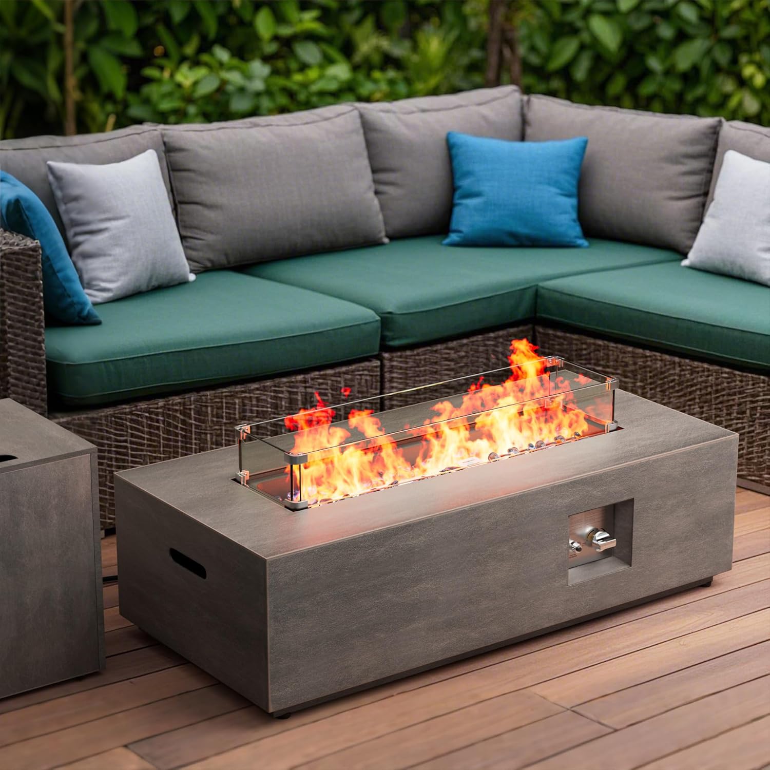 42" Outdoor Fire Pit Table, 50,000 BTU Gas Fire Pit with Glass Wind Guard, Fire Stones, Waterproof Cover, Propane Fire Pit Table for Outside Patio (Brown)