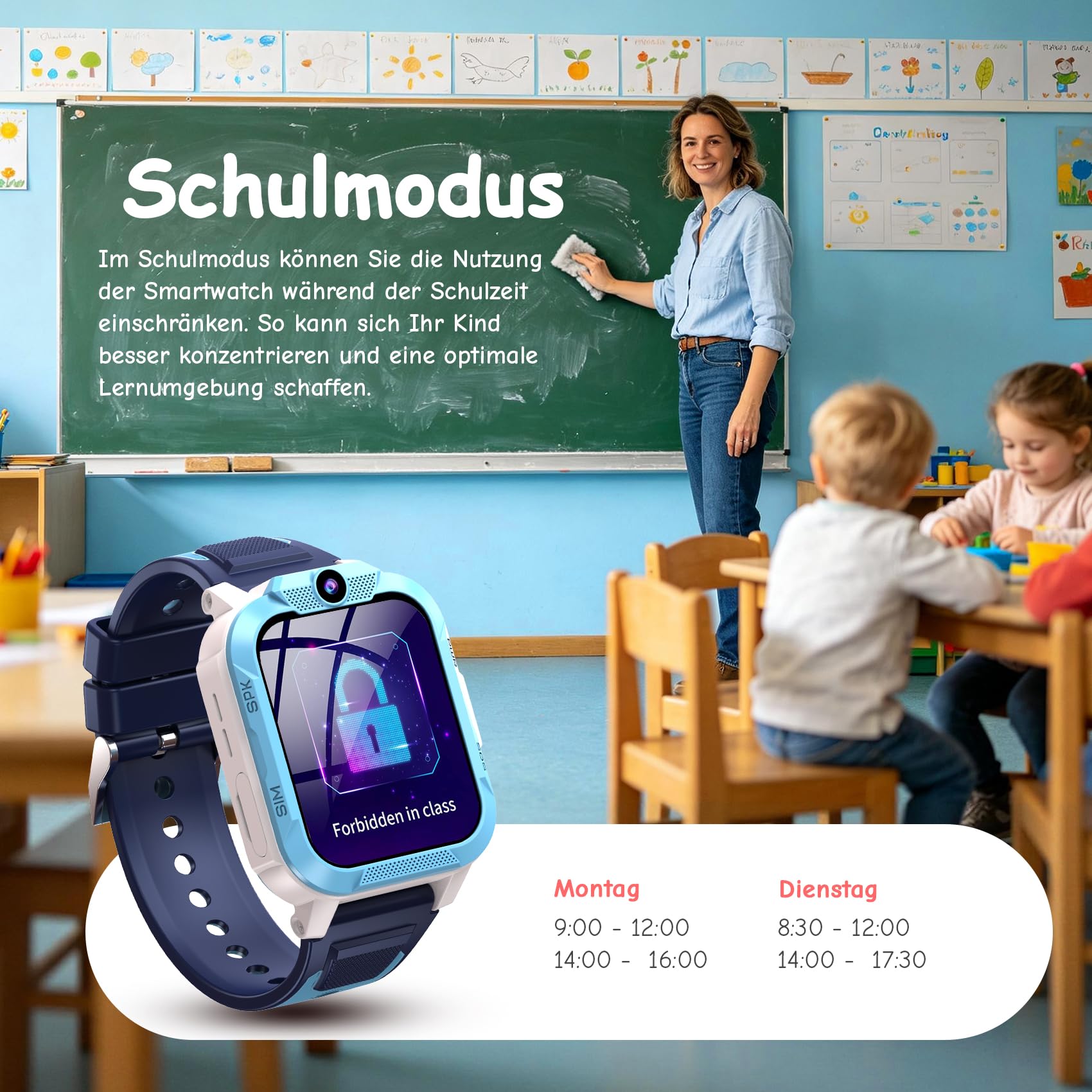 IOWODO Smartwatch Kinder mit GPS und Telefon 4G, 850mAh 7-Tage Akku, SOS-Notruf, Schulmodus, IP68 Wasserdicht, Sprachanruf, Pedometer, Geschenk für Jungen & Mädchen, 4-12 Jahren, Blau