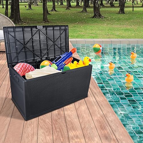 Miniatura 6 de SEALAMB Caja grande de almacenamiento al aire libre de 120 galones, caja de cubierta impermeable de resina para interiores para muebles de patio,