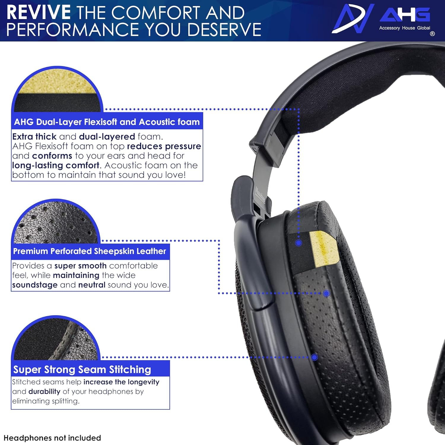 AHG Replacement Ear Pads & Headband Cushion Pad Compatible with Sennheiser Headphones HD600 HD650 HD660S HD 660S2 Massdrop X HD 6XX HD58X Jubilee HD580-Sheepskin Leather & AHG Dual-Layer Foam (Black)