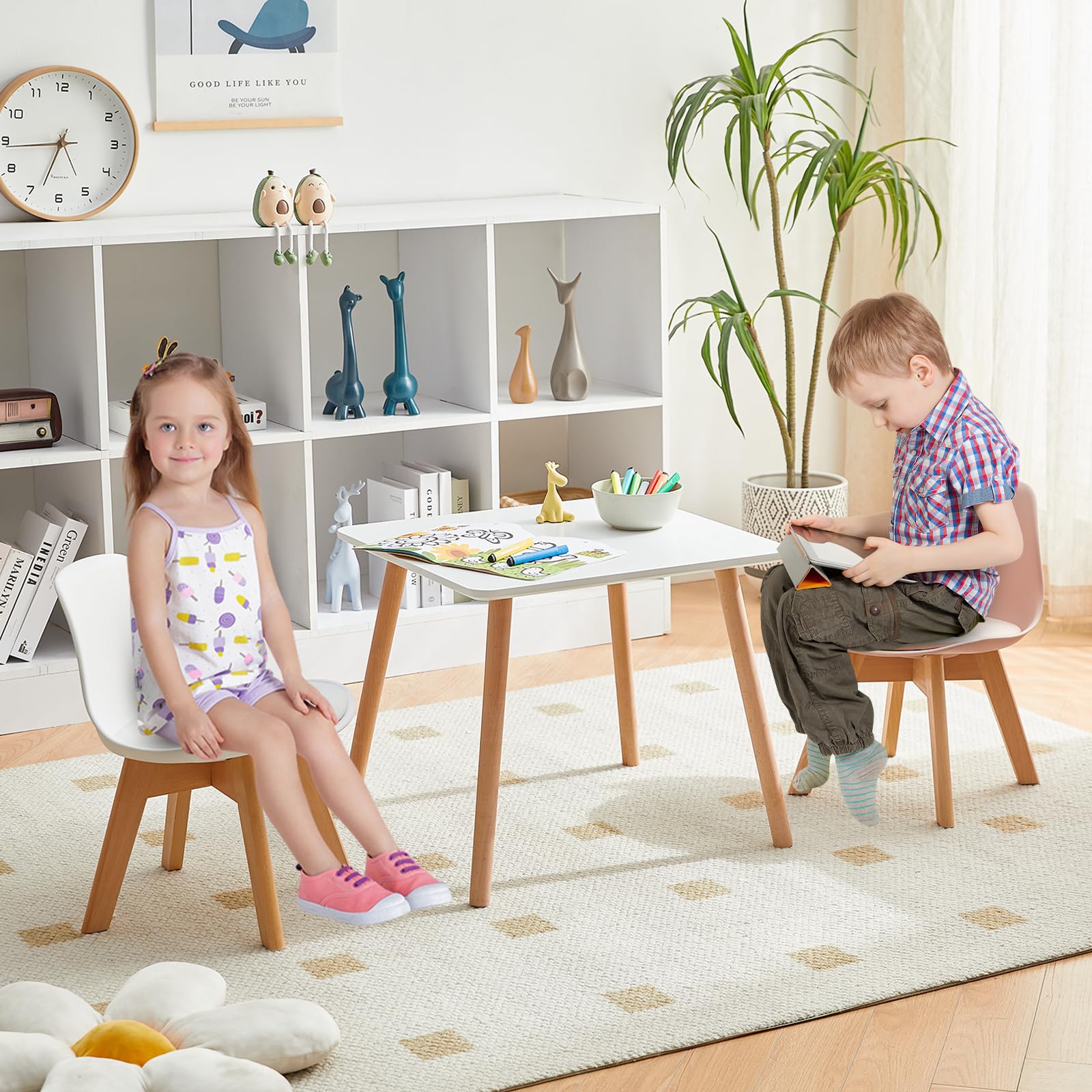 Set di 2 Sedie per Bambini con Gambe in Legno, Sedia Piccola in PP+PU con Schienale per Cameretta, Sedia da scrivania per Bambini, Bianco