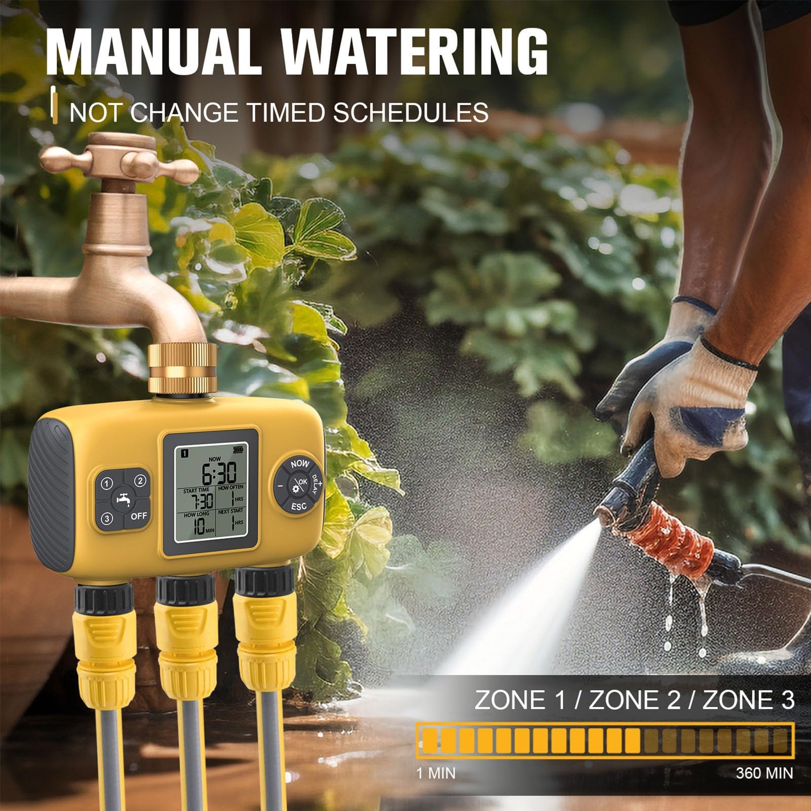 Timer per irrigatore a 3 uscite con ingresso in ottone, timer programmabile per tubo con ritardo pioggia e controller manuale di irrigazione automatica per cortile e prato