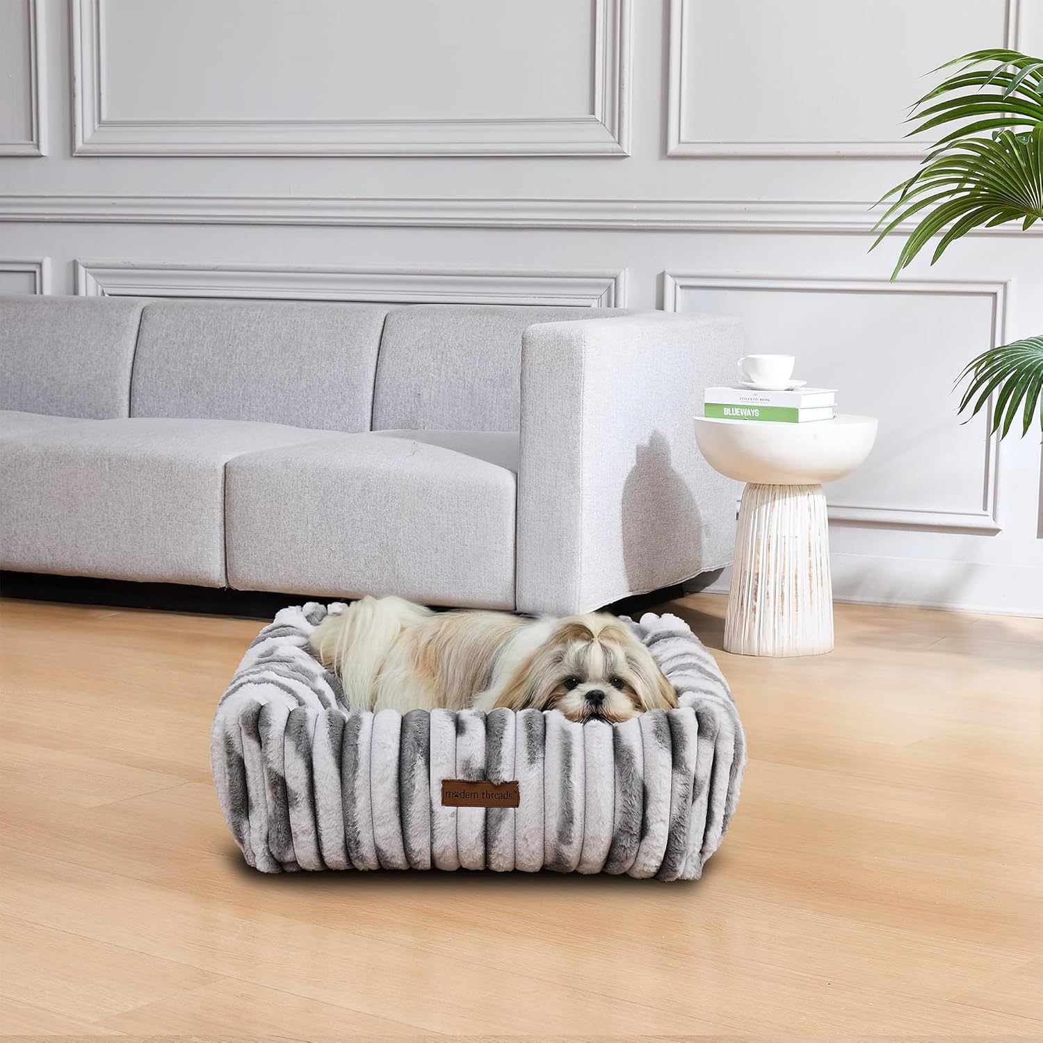 Modern Threads Ribbed Plush Two-Tone Cuddler Dog Bed, Ultra-Soft Faux Rabbit Fur, Supportive Bolstered Sides, Removable Washable Cover, Bed for Small to Medium Dogs, Silver, (24" L x 20" W x 8" Th)