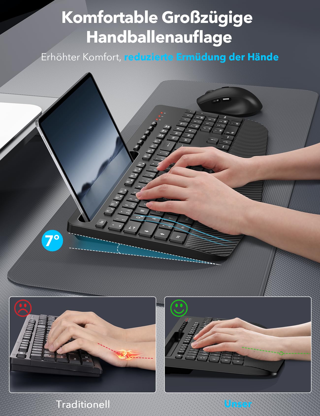 Kabelloses Tastatur Maus Set, Ergonomische Tastatur mit Handgelenkauflage, 2,4 GHz, leise, für Mac Windows Laptop PC