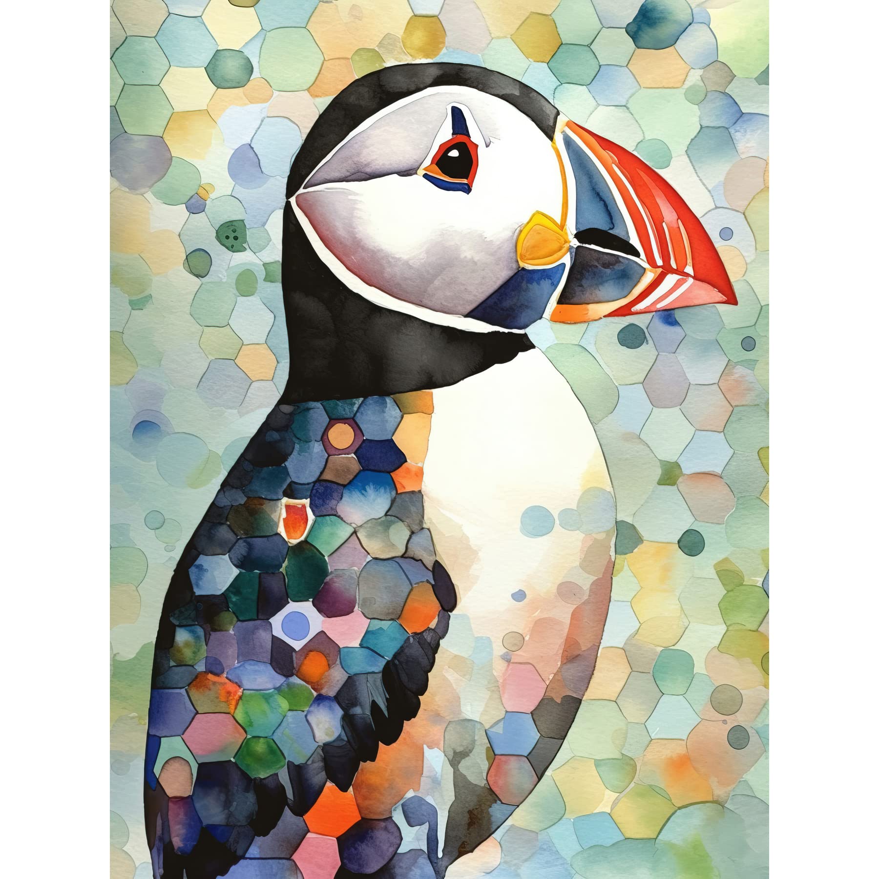 Artery8 Puffin Bird Portrait Pastel Colour Folk Art Extra Large XL Wall Art Poster Print