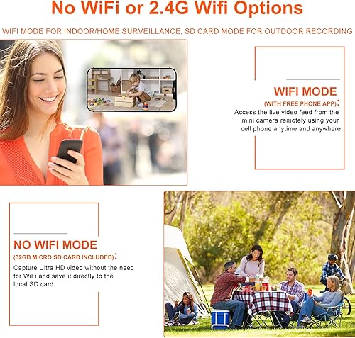 Miniatura 2 de Cámara espía WiFi o sin WiFi opcional, mini cámara de seguridad 4K con tarjeta de memoria de 32 GB, cámaras para seguridad del hogar, gran angular