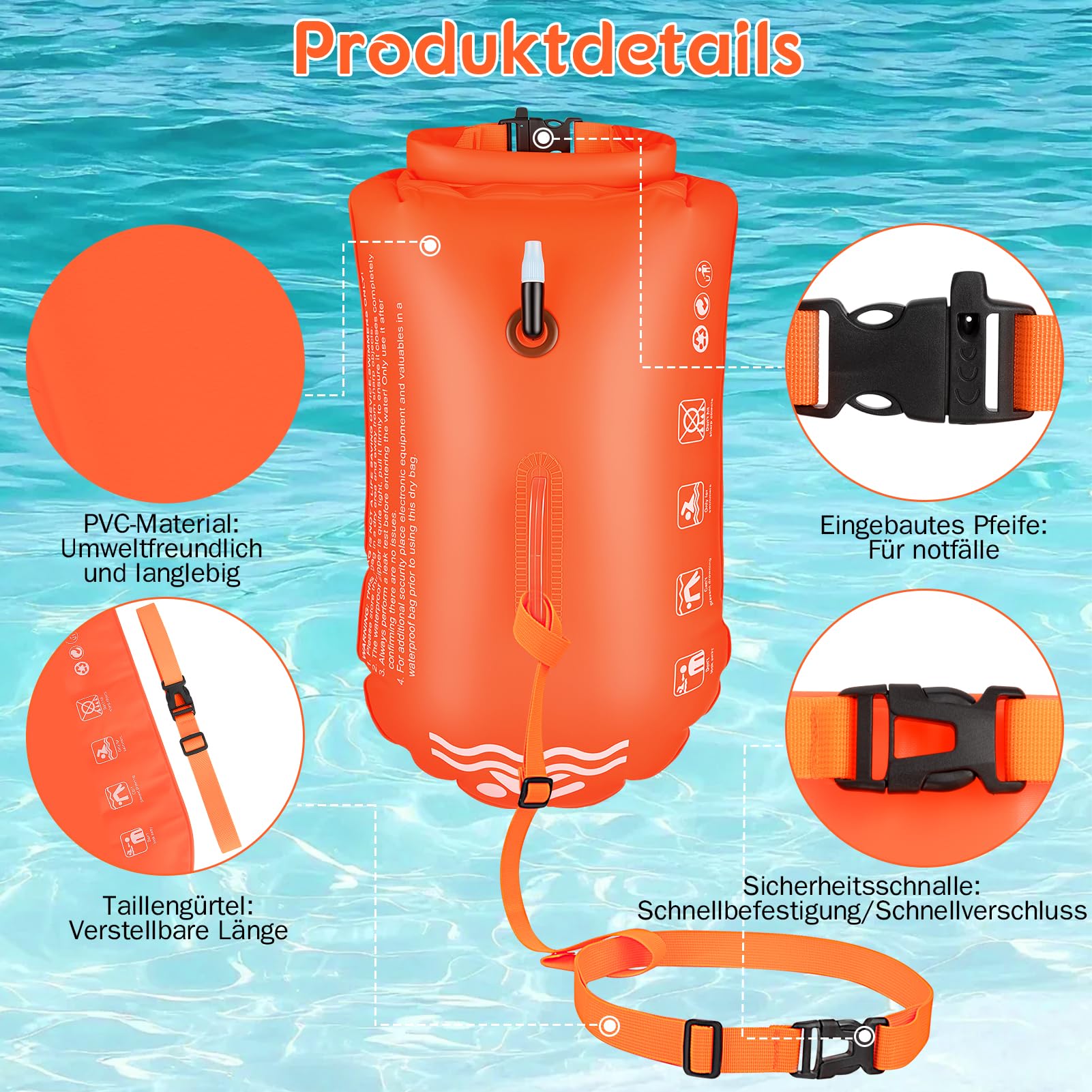 Kiiwah 20L Freiwasser Schwimmen Boje für Erwachsene und Kinder, Aufblasbare Schwimmboje mit Trockentasche Boje für Schwimmer PVC Dry Bag Hohe Sichtbarkeit Schwimm Bojen für Open Water und Triathlon