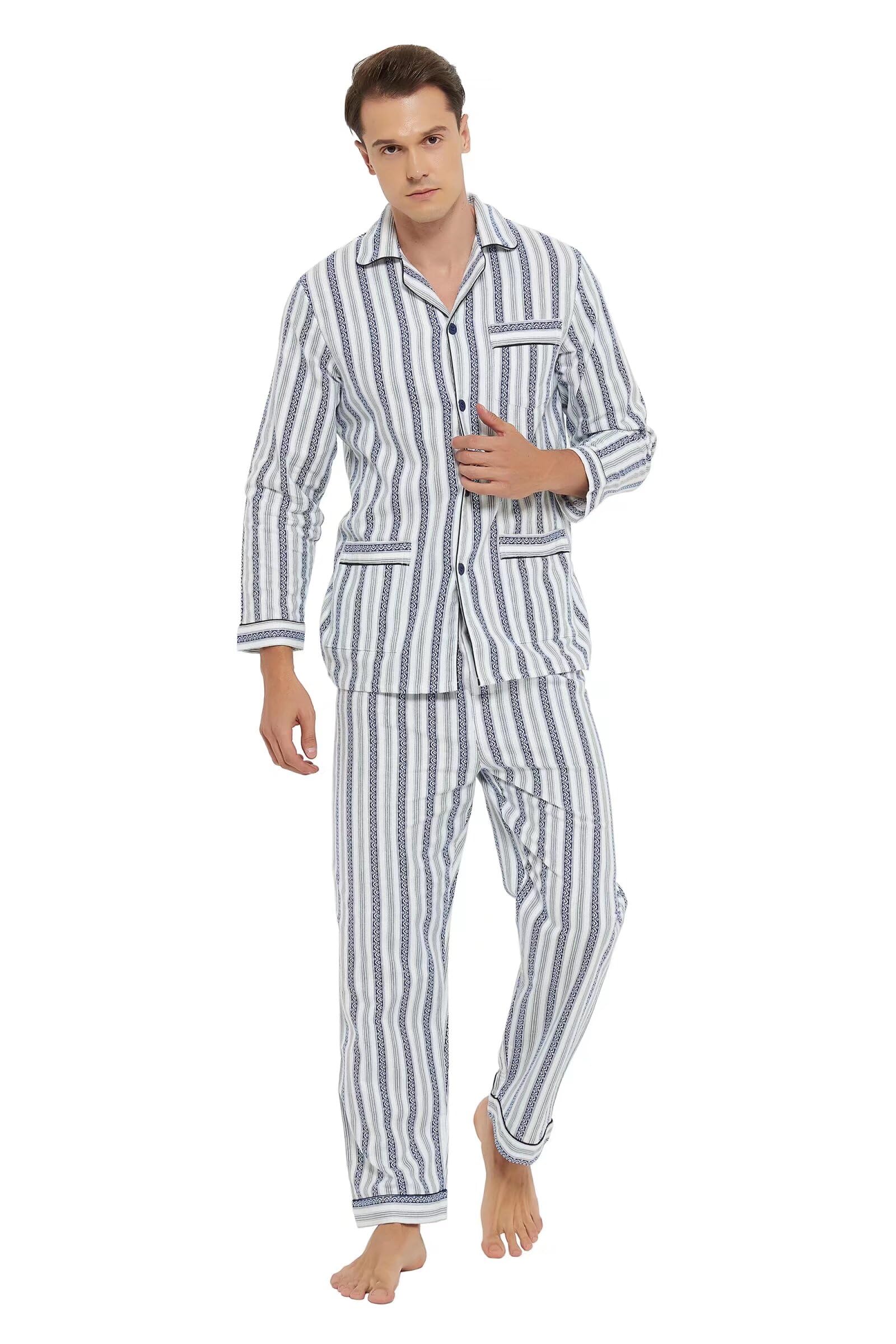 GLOBAL Pigiama Uomo Flanella Cotone Lungo Pantaloni Vita Elasticizzata Coulisse Bottoni Invernale Abbigliamento da Notte Confortevole