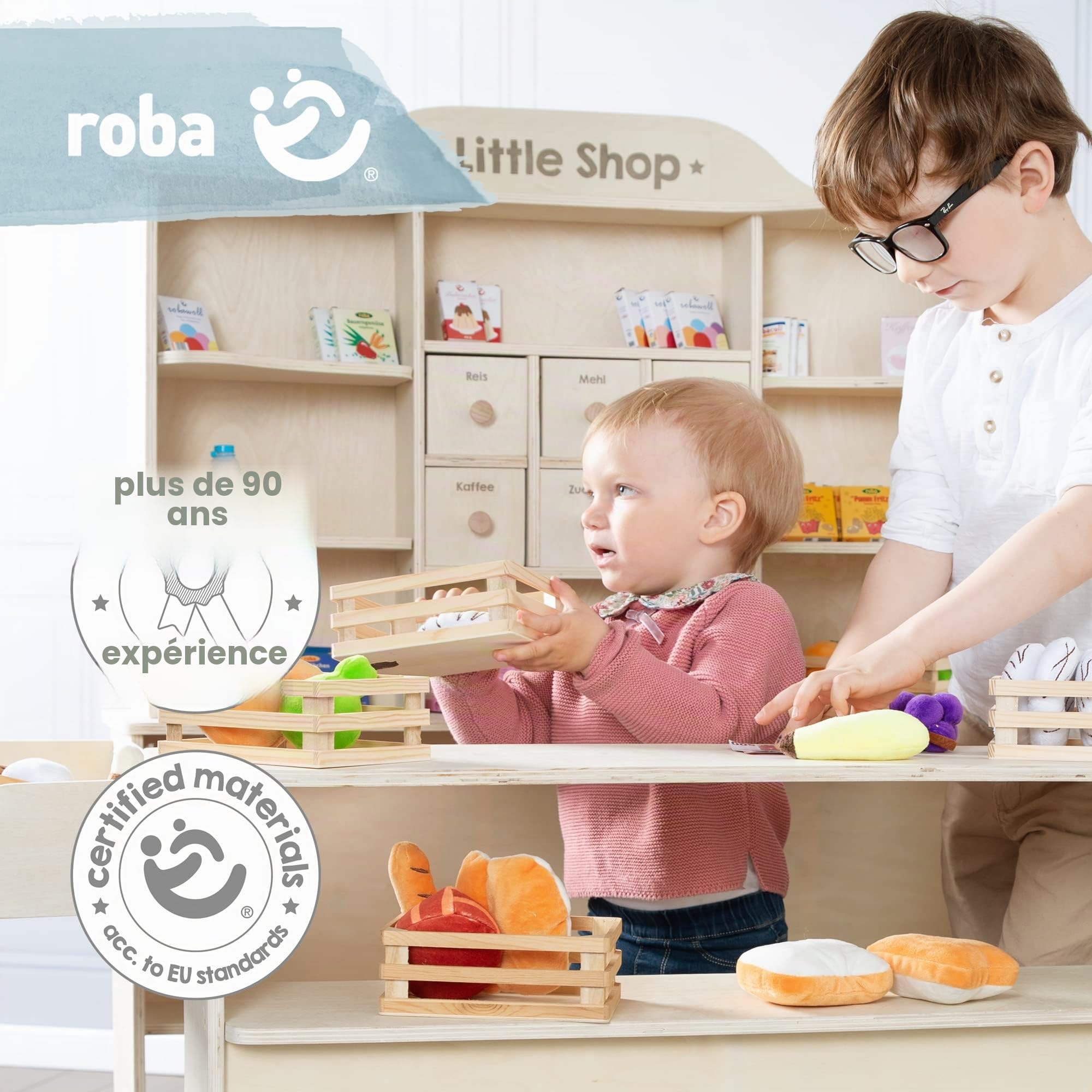 roba Grande Marchande Enfant en Bois - Supermarché avec Caisse Enregistreuse + 100 Pièces d'Accessoires - Naturel