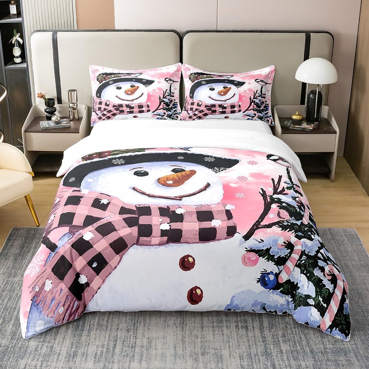 Loussiesd Kids Christmas Theme Decorations Bedding Set Xmas Snowman Duvet Cover for Boys Girls Snowflake Kawaii Cute Comforter Cover Set Watercolor Pink Bedroom Collection Single Size — image 1