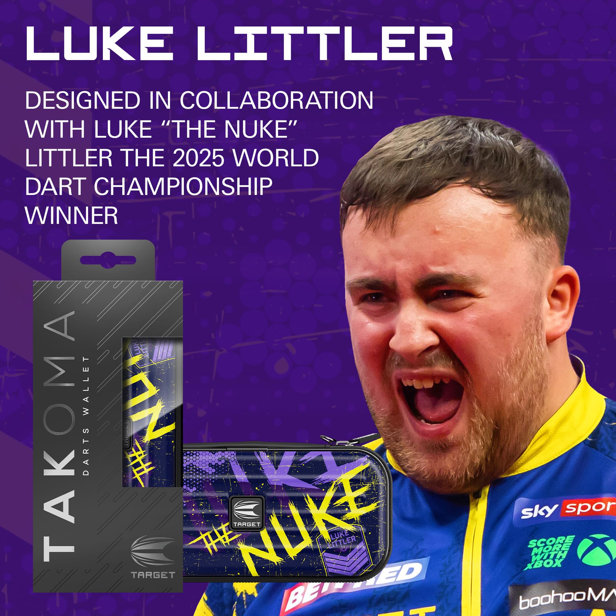 Target Darts Luke Littler Takoma Wallet – Etui na rzutki Luke Littler, uchwyt na rzutki, portfel na rzutki, etui do przechowywania zestawu rzutek, etui na rzutki "The Nuke”