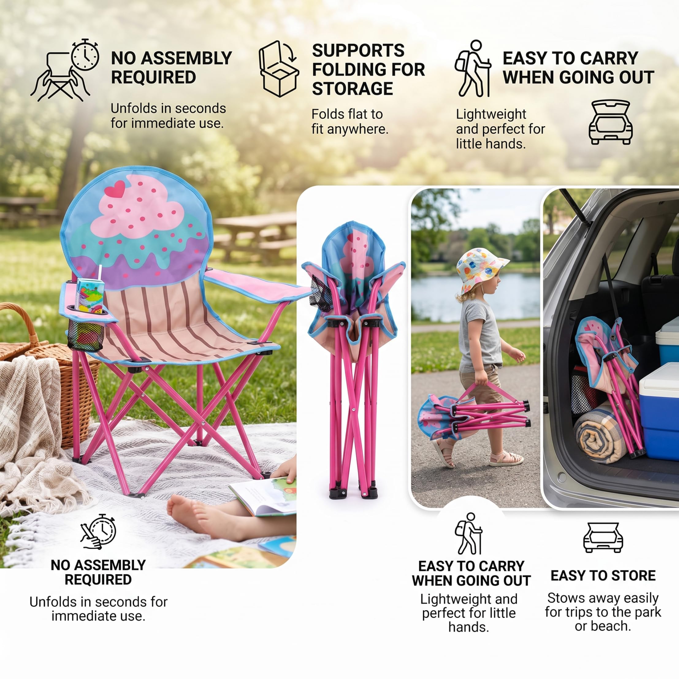 Silla de camping para niños | Silla de campamento para niños, tela Oxford 600D plegable para acampar, sillas portátiles para exteriores con patrón de helado y pastel para pequeños con portavaso