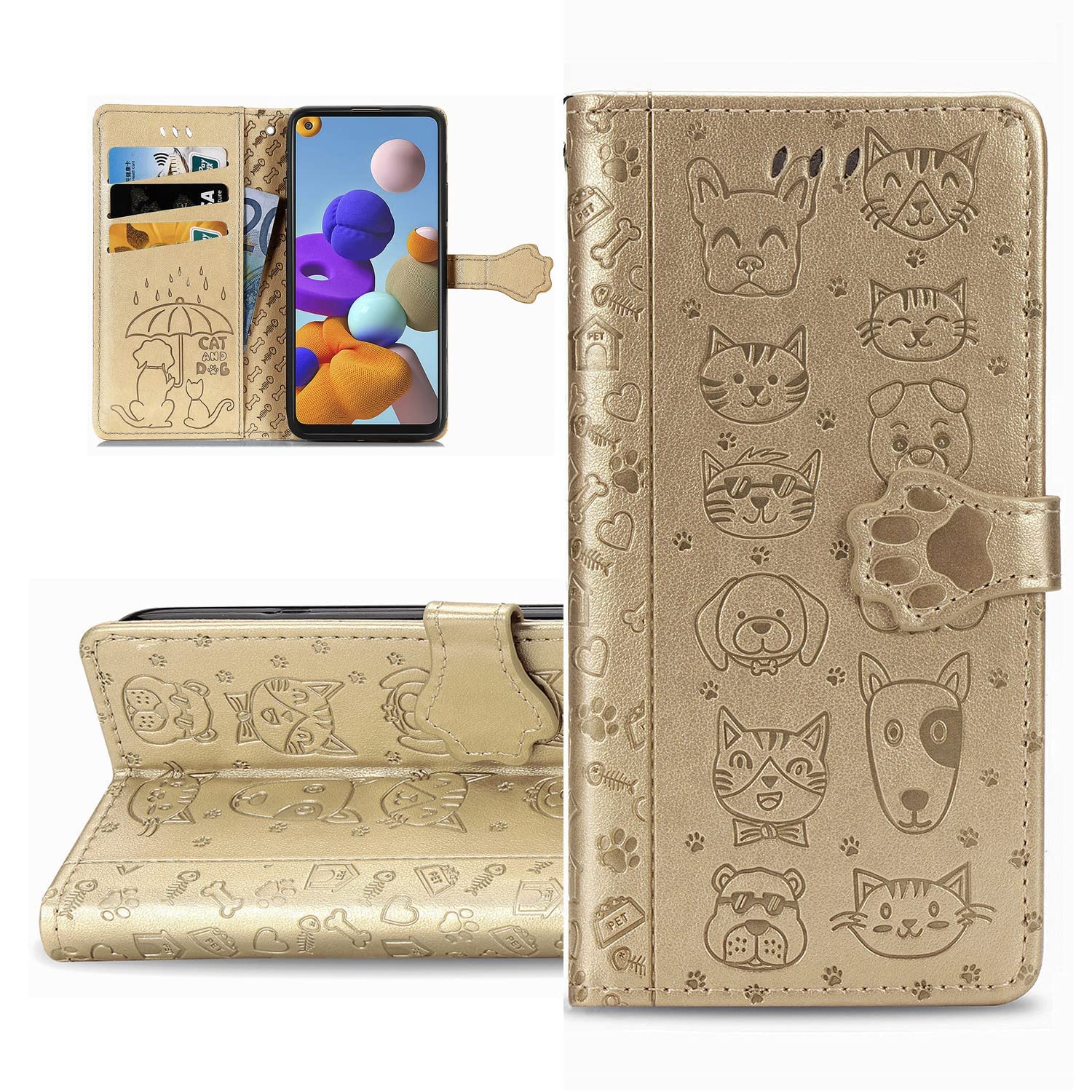 LEMAXELERS Custodia Portafoglio Per Huawei P Smart Z, Con Stampo Gatto Cane In Rilievo, Giallo, 3 Slot Carte - 3