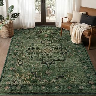 Jainmy Vintage Dark Green 5x7 Area Rug - Transitional Distressed Medallion Low Pile, Non-Slip Washable for Living Room Bedroom