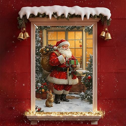 Miniatura 16 de Cartel navideño de ventana de 31.5 x 47 pulgadas con medias de Navidad, regalos, bastones de caramelo y chimenea, decoración al aire libre