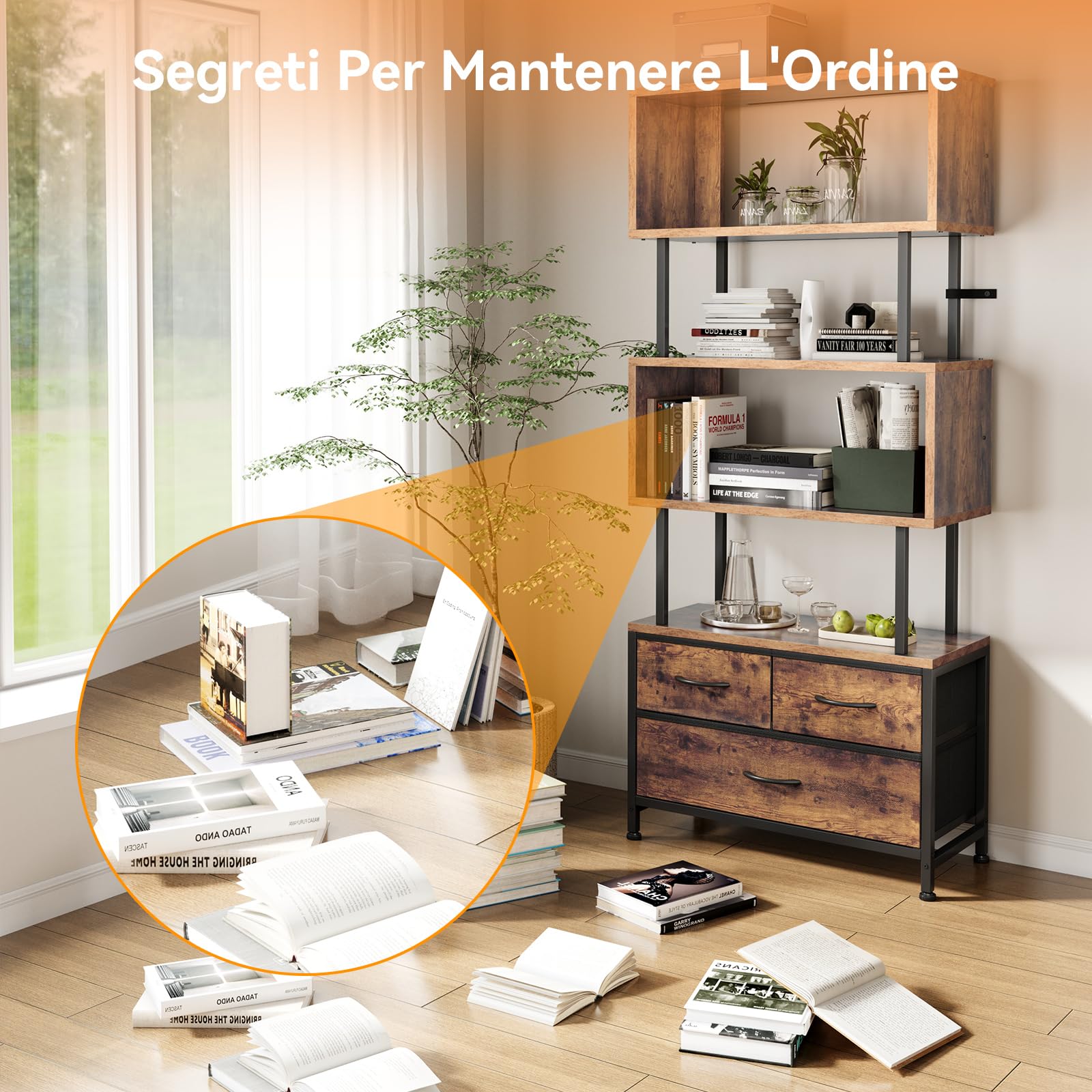 Coleshome Libreria Verticale, Libreria da Parete con 5 Ripiani, con 3 Cassetti in Tessuto, Scaffale Librerie Adatto per Camera da Letto, Ufficio, Soggiorno, 60 x 24 x 155 cm, Colore Retrò