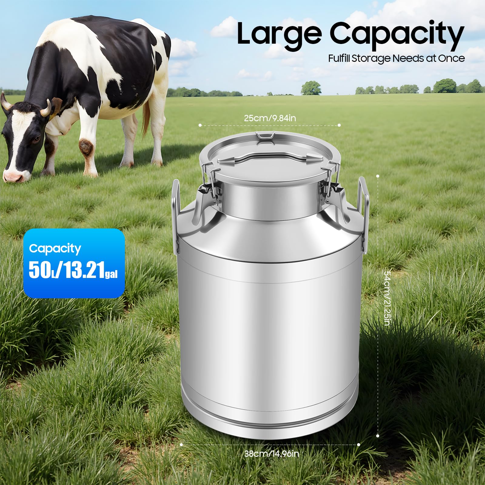 Jarra de leche de acero inoxidable, 50 L, hermética, con asas, cubo sellado, recipiente hermético para aceite, leche, vino, arroz, cereales, grosor de 1 mm