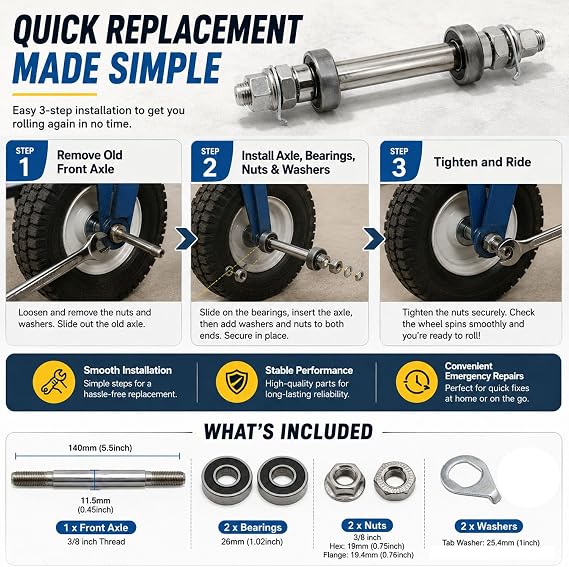 1 Pack Front Hub Axle 3/8 x 5.5 Inch Steel Bike Shaft Kit