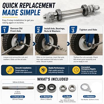 1 Pack Front Hub Axle 3/8 x 5.5 Inch Steel Bike Shaft Kit
