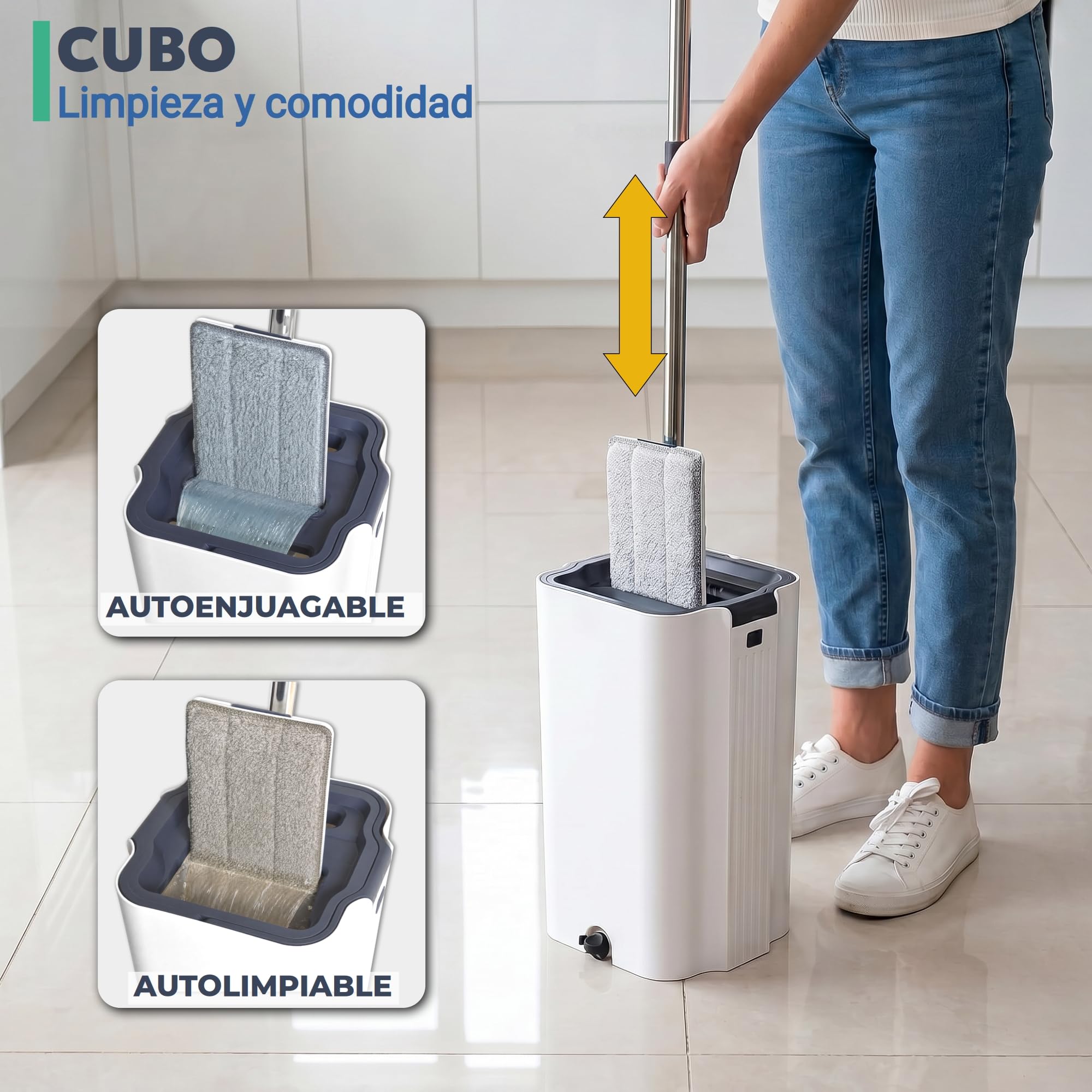 Juego de Fregona Plana y Cubo, Pure Water System, Separación Agua Limpia/Sucia: Ultra Higiénico, Limpieza Fácil, Compacto, Mopa Microfibra, Autolimpiable, Cubo Escurridor