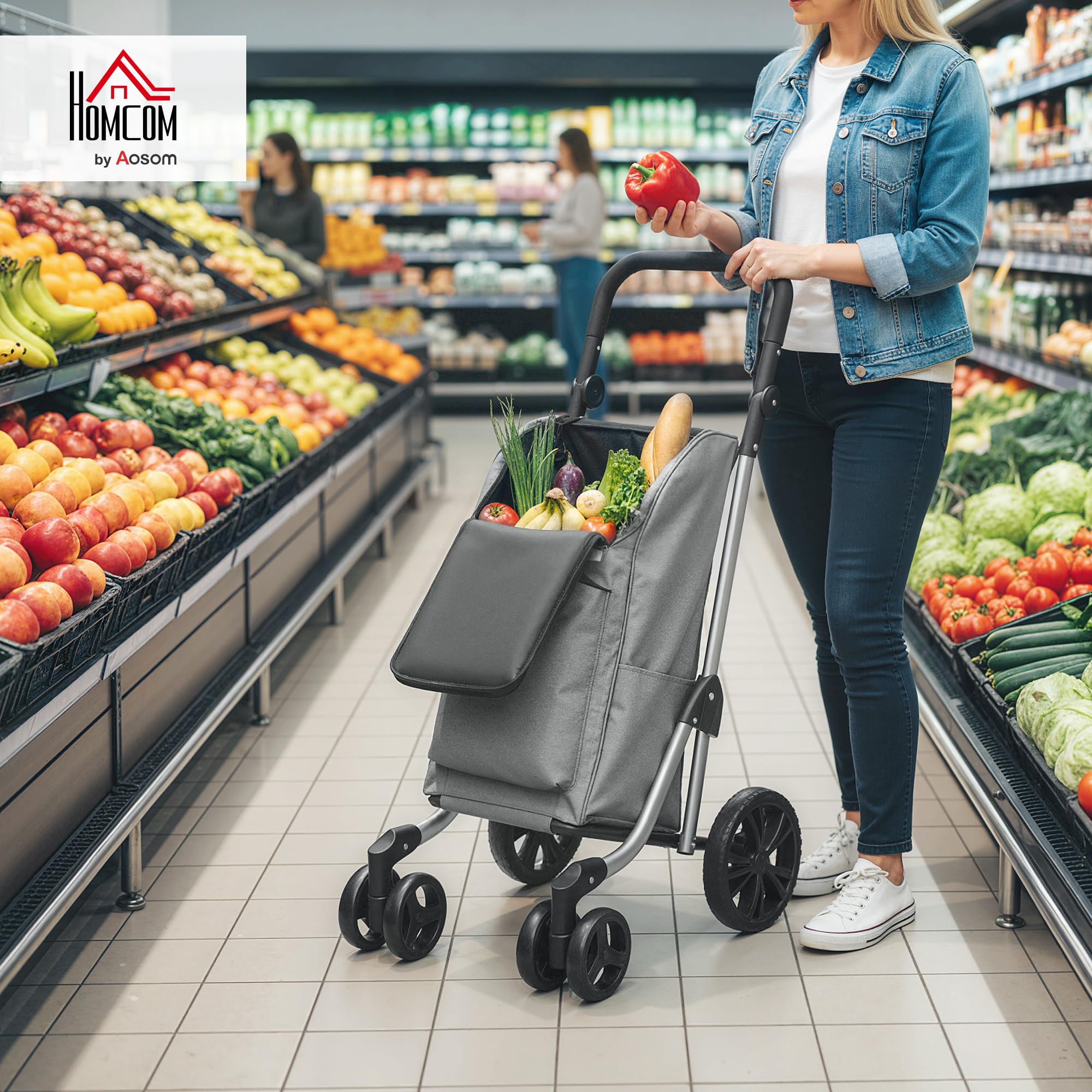 HOMCOM Carrello Spesa Pieghevole in Alluminio con Ruote, 3 in 1 Carrellino Spesa con Borsa in Tessuto Oxford 600D da 46L, Tracolla, Scomparto Refrigerato, Manico Regolabile, Grigio