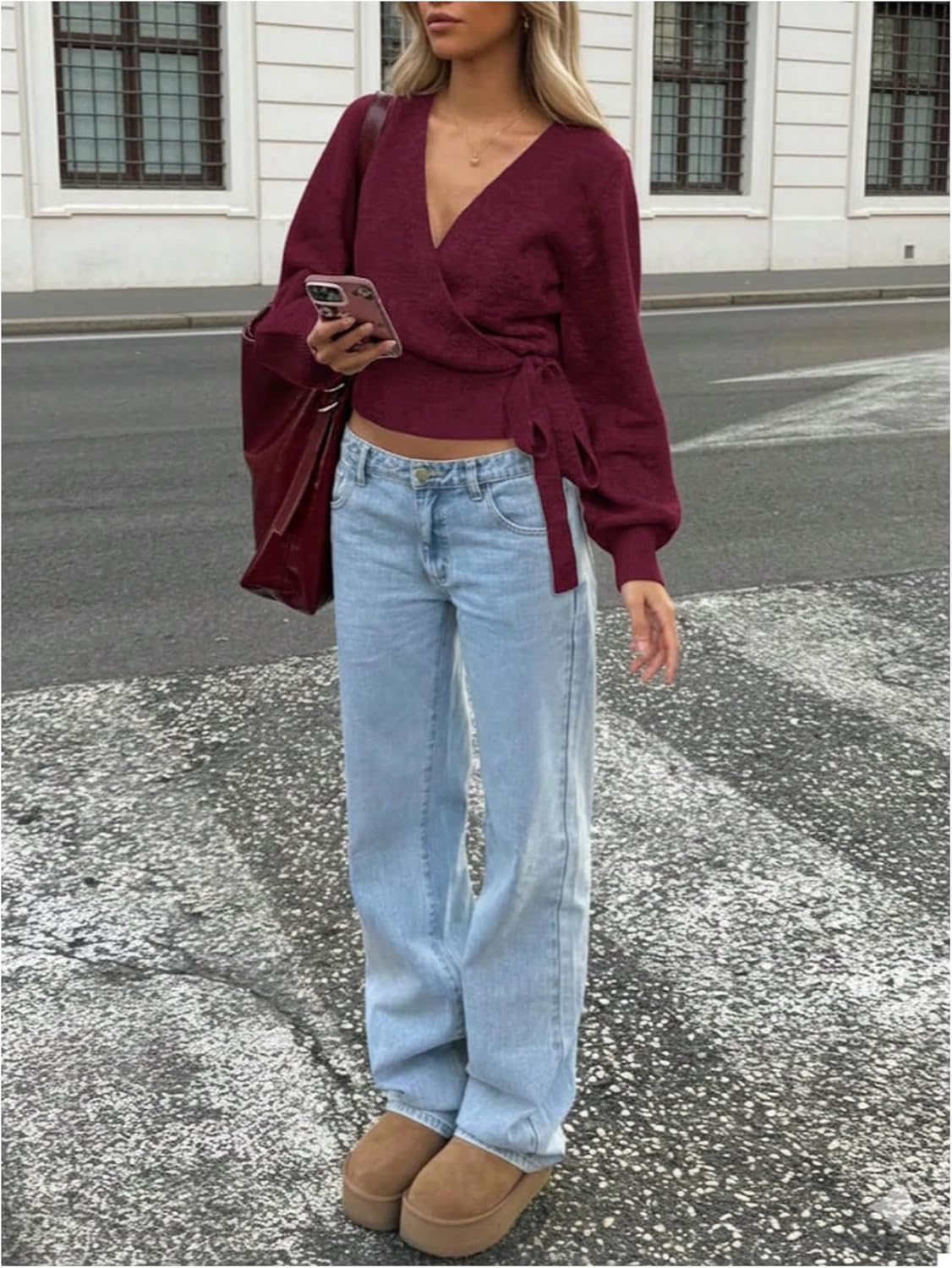 MakeMeChic Women's Cropped Sweaters Winter Wrap Christmas Sweater V Neck Tie Front Long Sleeve Knit Tops - Image 3