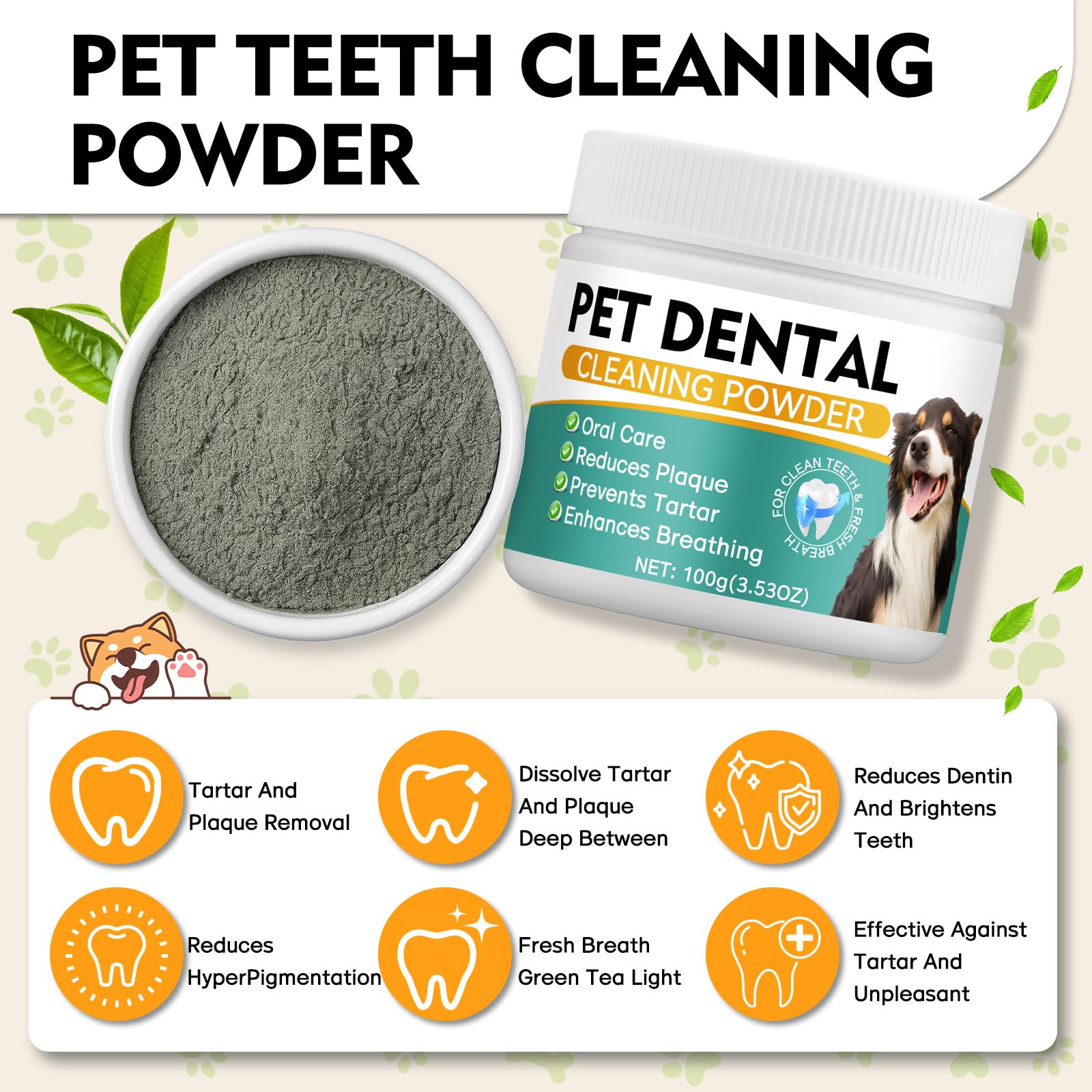 Erigathe Dog Dental Powder, Dog Teeth Cleaning Powder- Natural Breath Freshener for Dogs, Tartar & Plaque Remover, Dental Care for Small, Medium, Large Dogs & Cats (Dog Dental Powder) - image 2