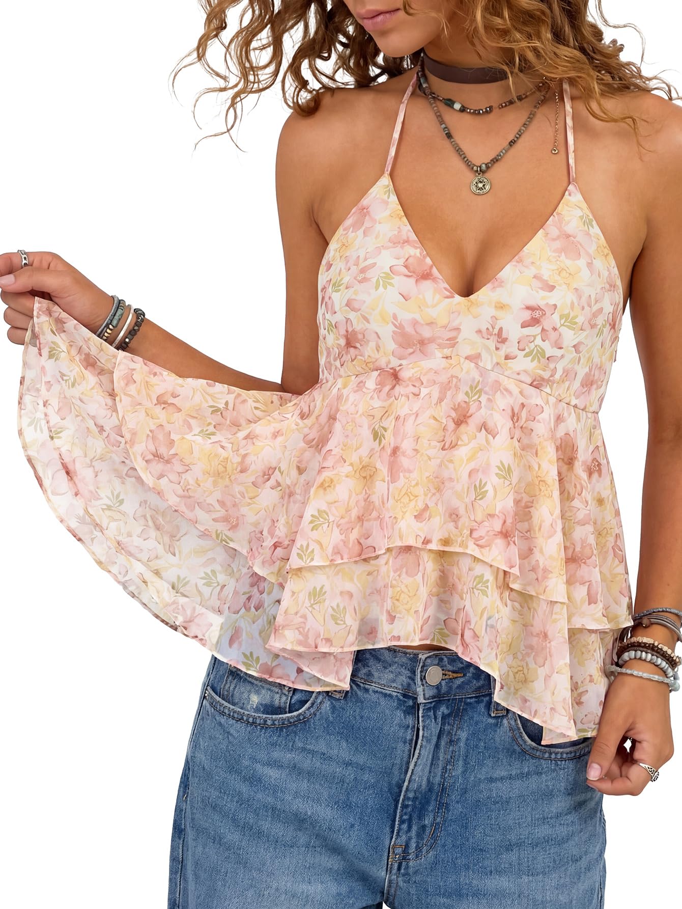 Rooscier Women's Floral Chiffon Halter V Neck Tie Backless Layered Ruffle Cute Cami Tops